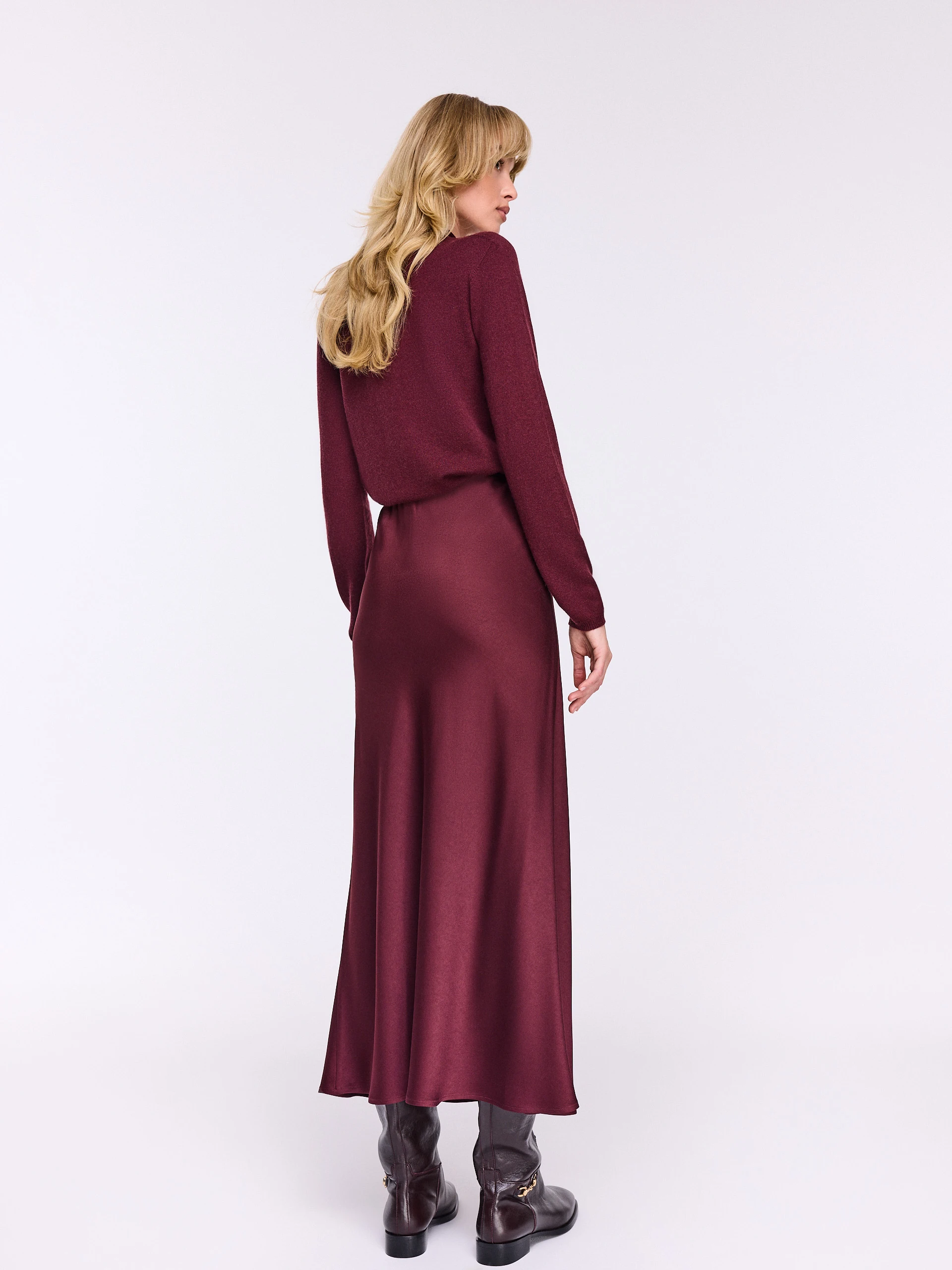 Burgundy satin midi skirt with a high waist