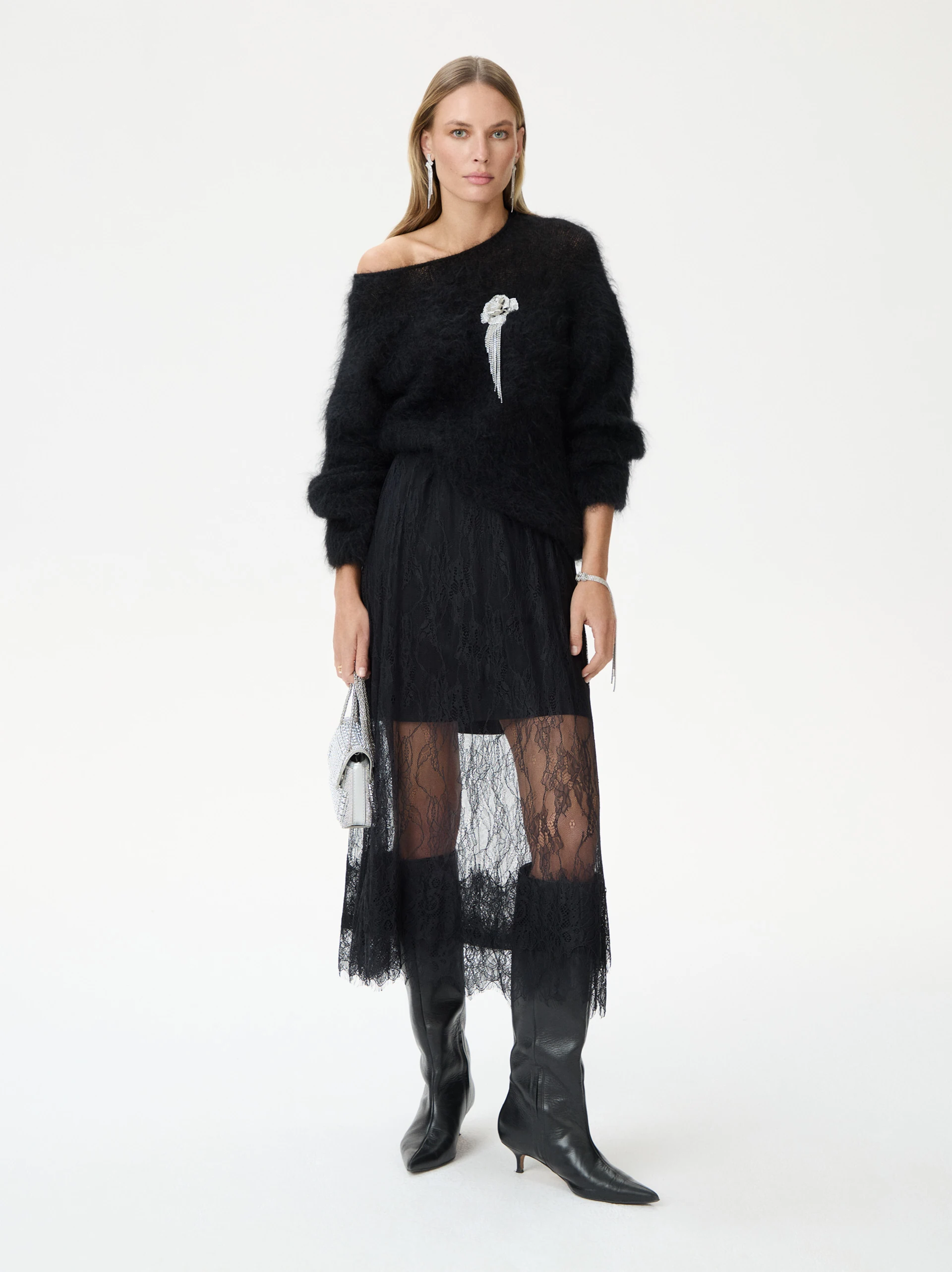 Black midi skirt with lace trim