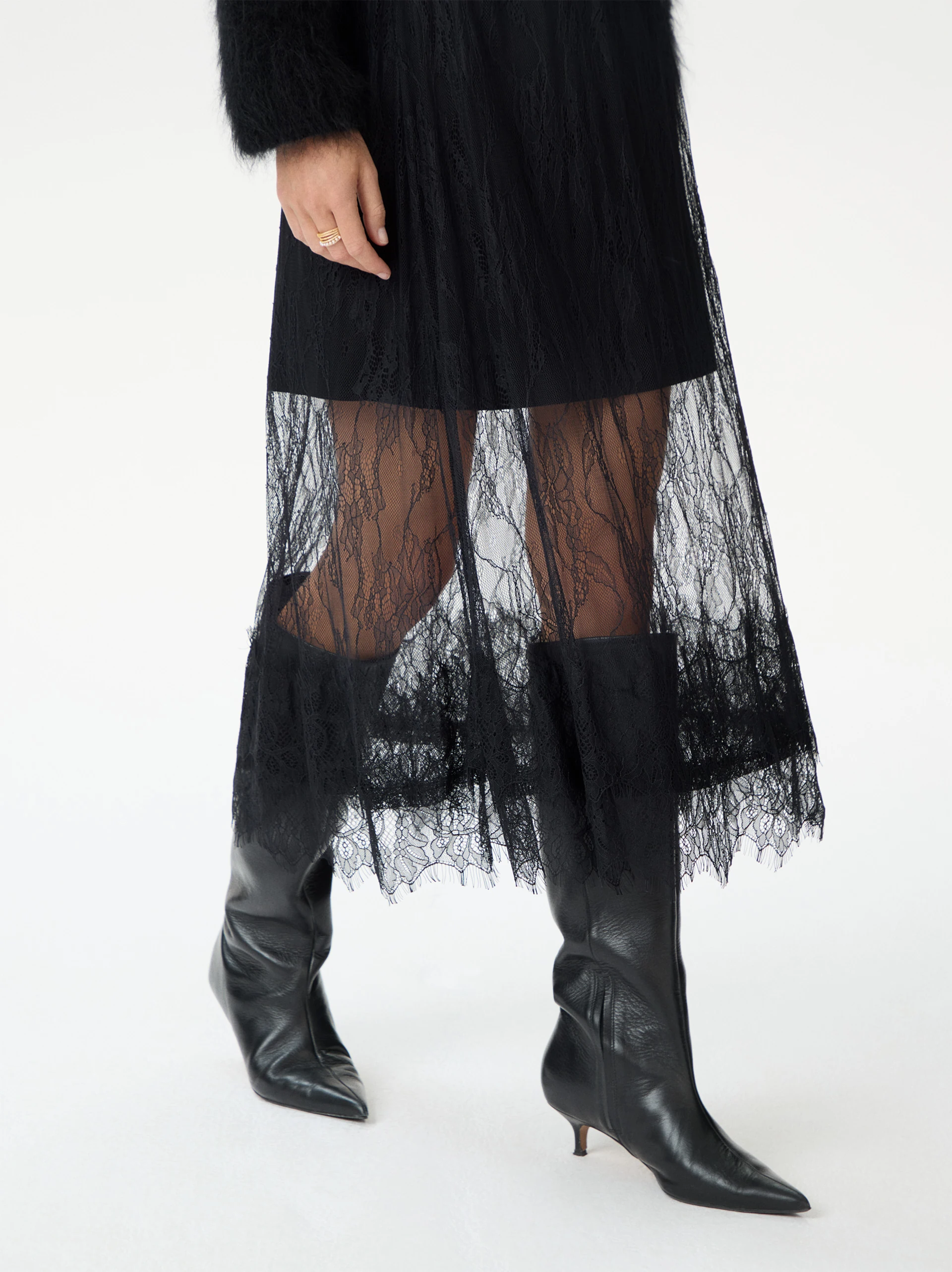 Black midi skirt with lace trim
