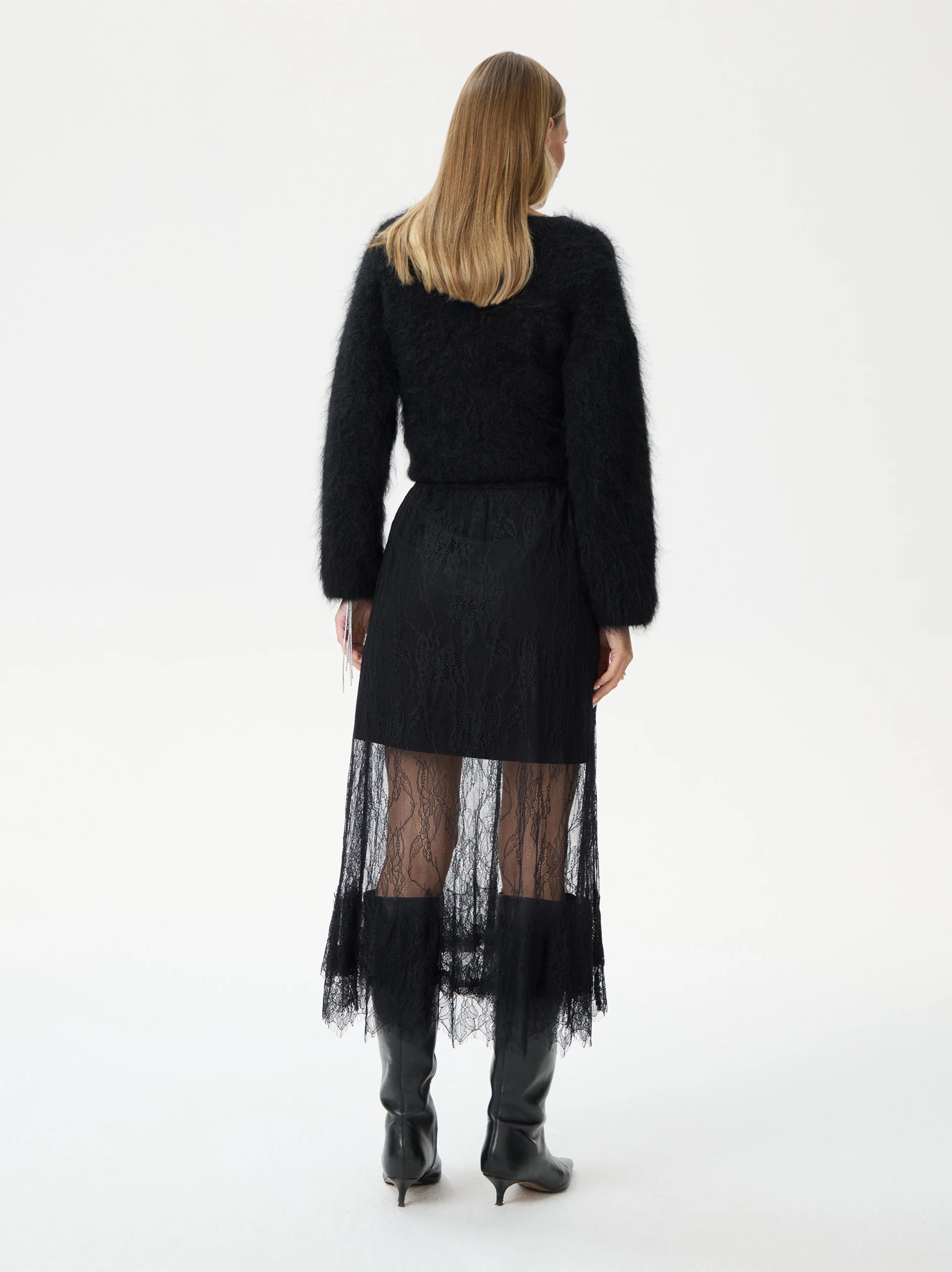Black midi skirt with lace trim