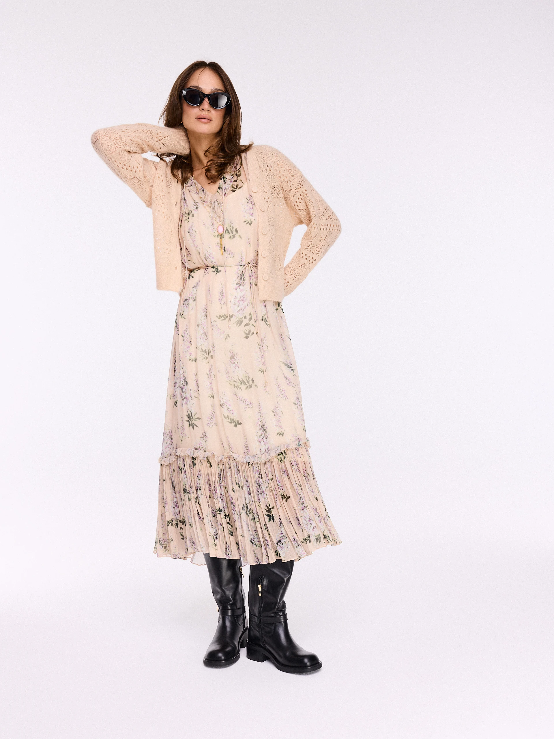 Openwork beige cardigan with wool and mohair