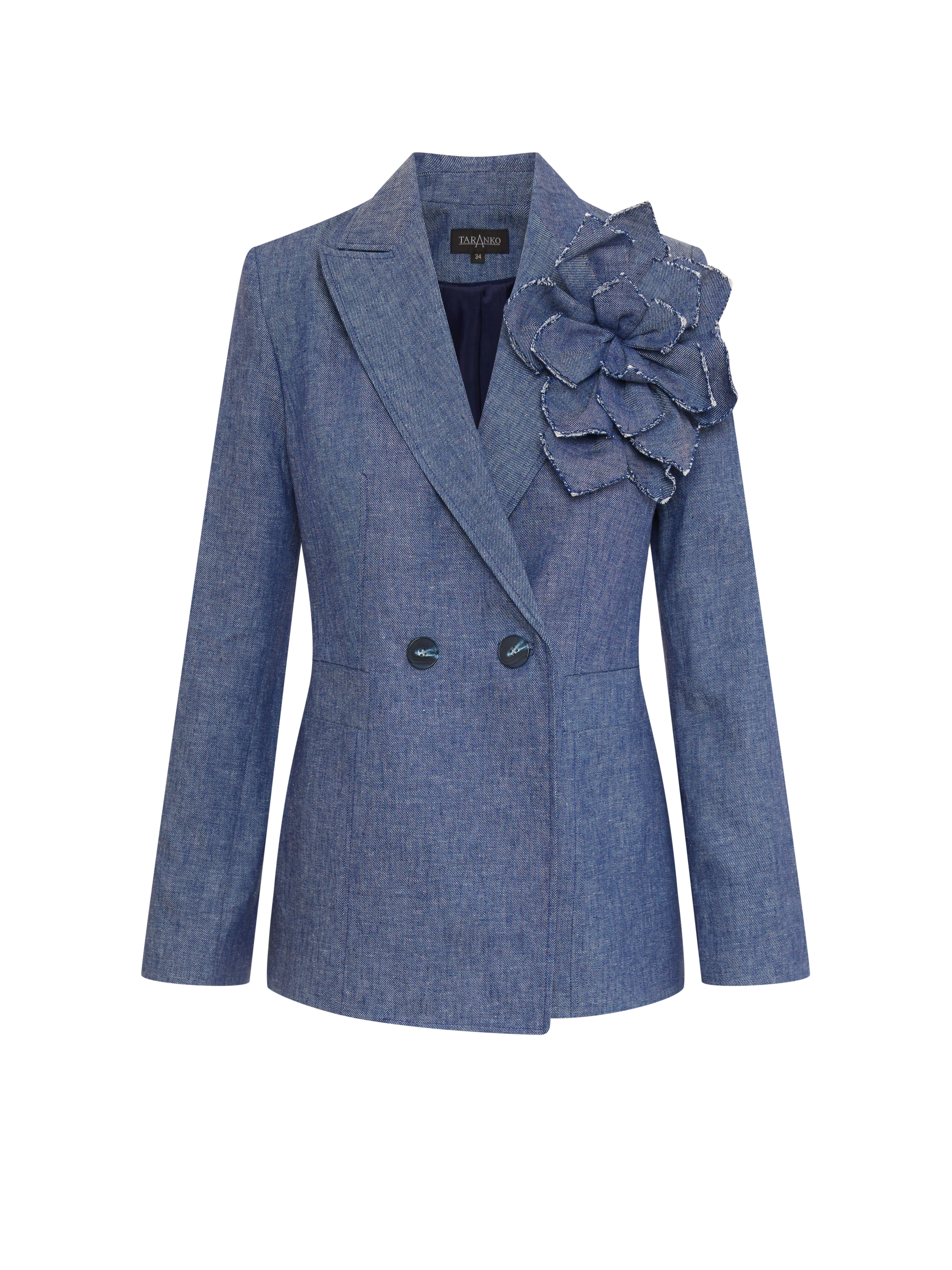 Navy blue linen and cotton blazer with a decorative flower