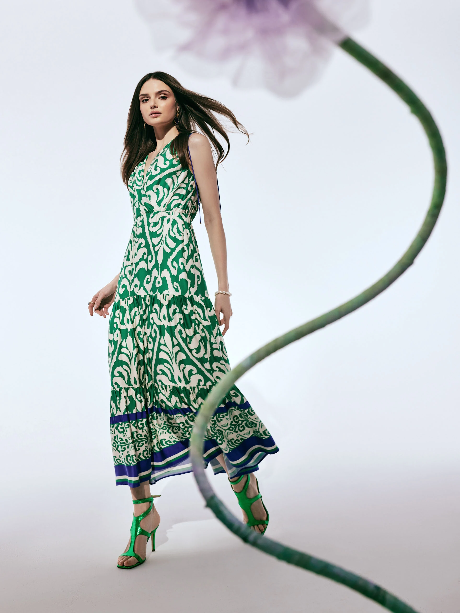 Green viscose dress with envelope neckline