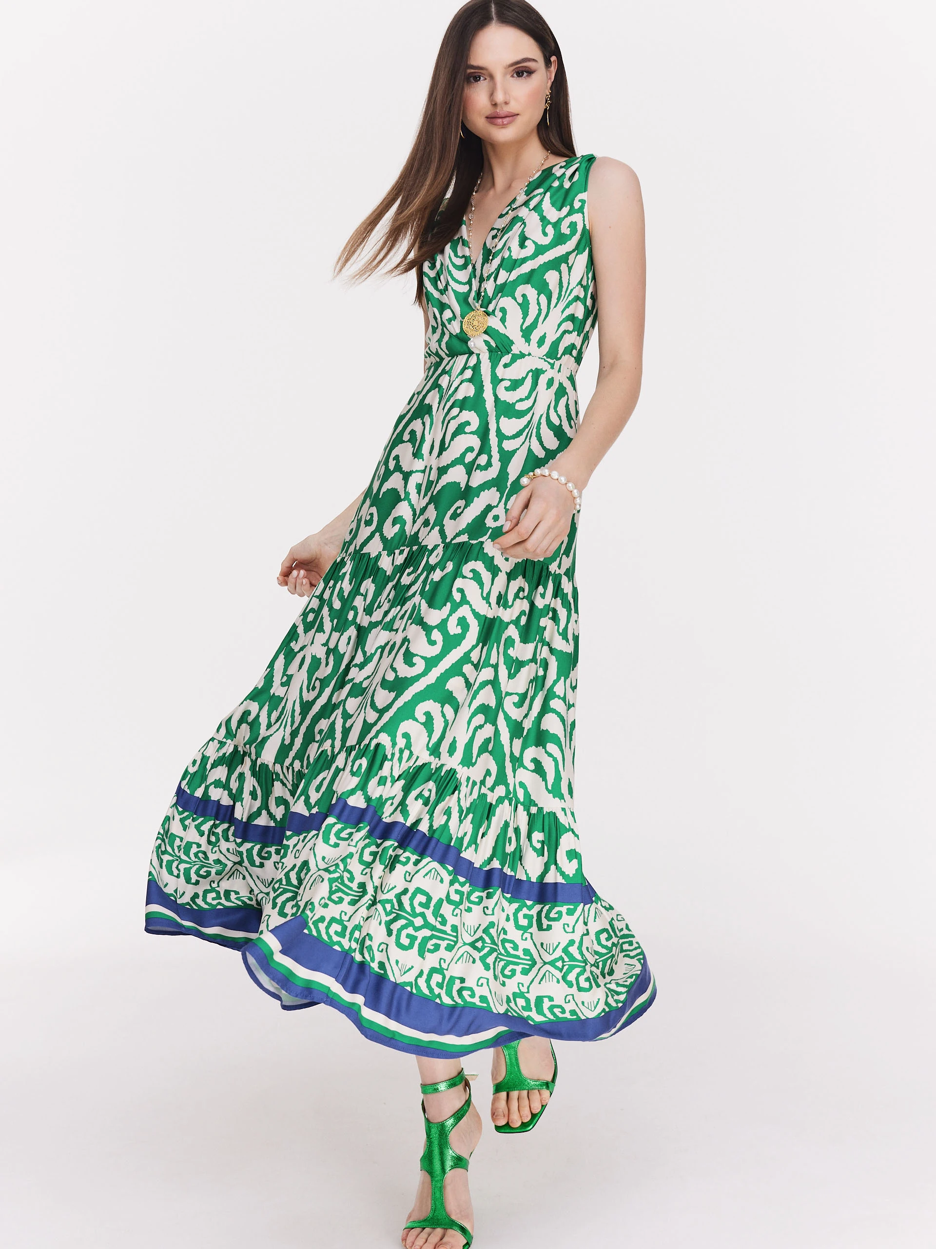 Green viscose dress with envelope neckline