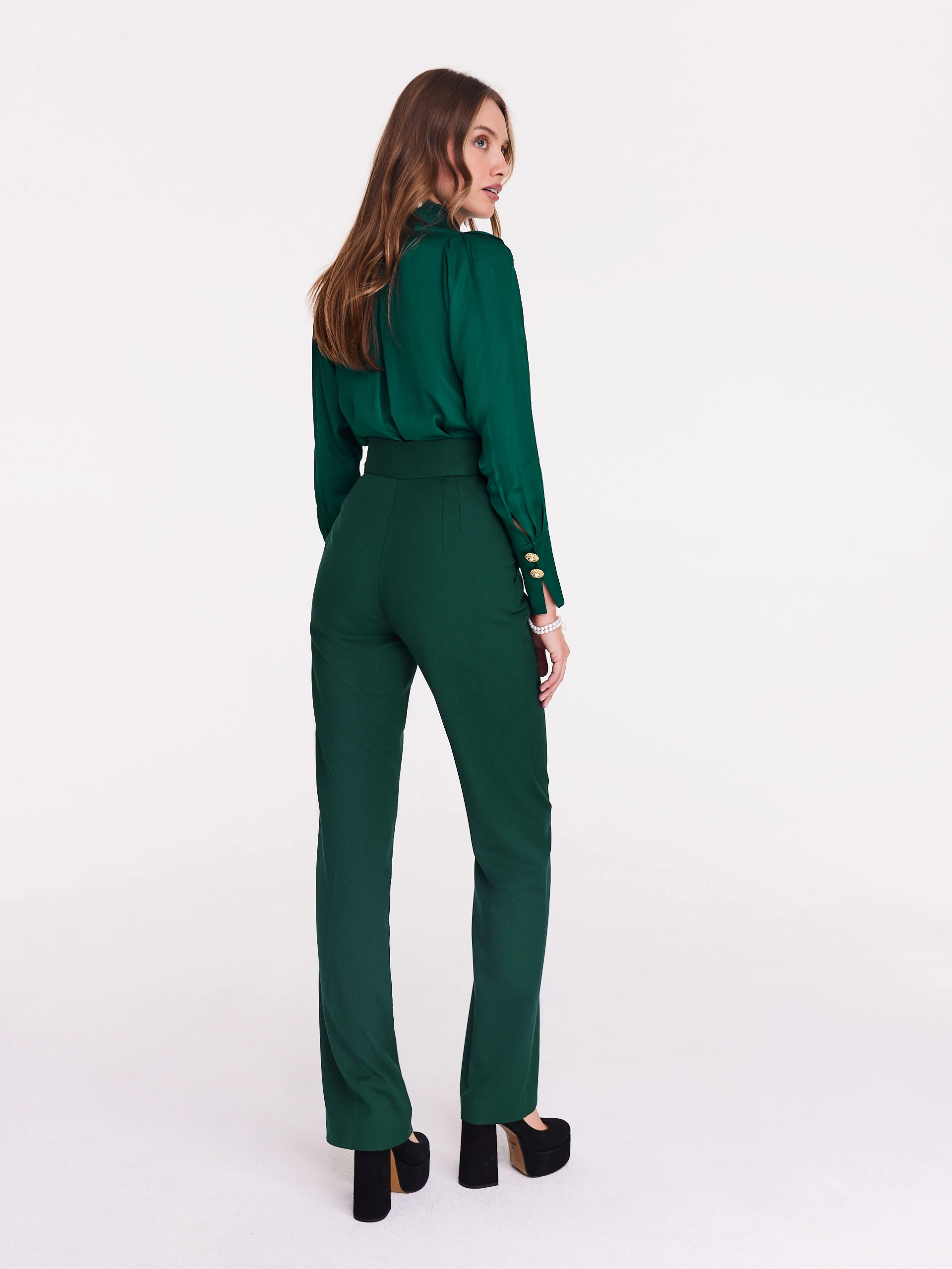 Green satin blouse with neck ties