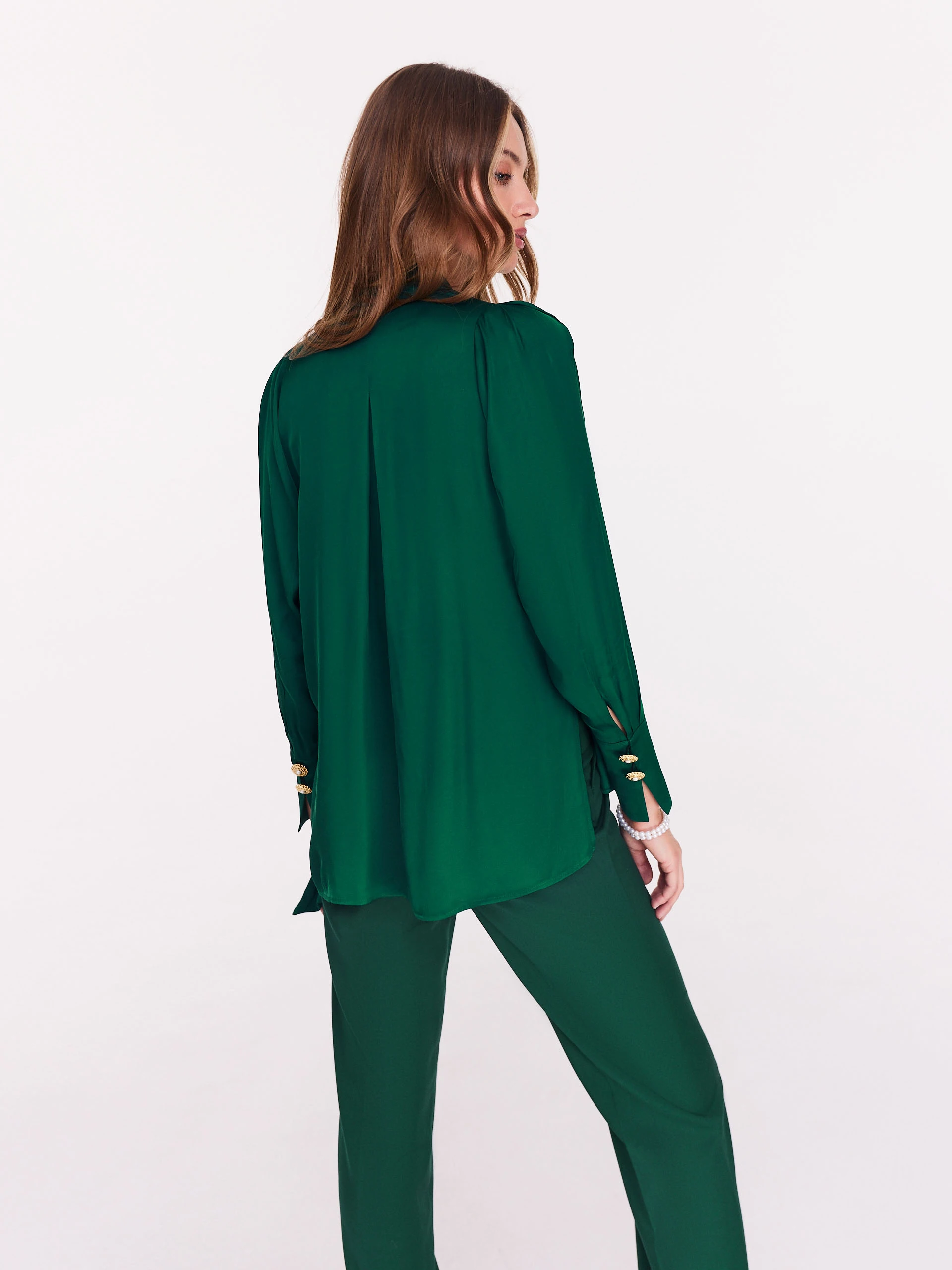 Green satin blouse with neck ties