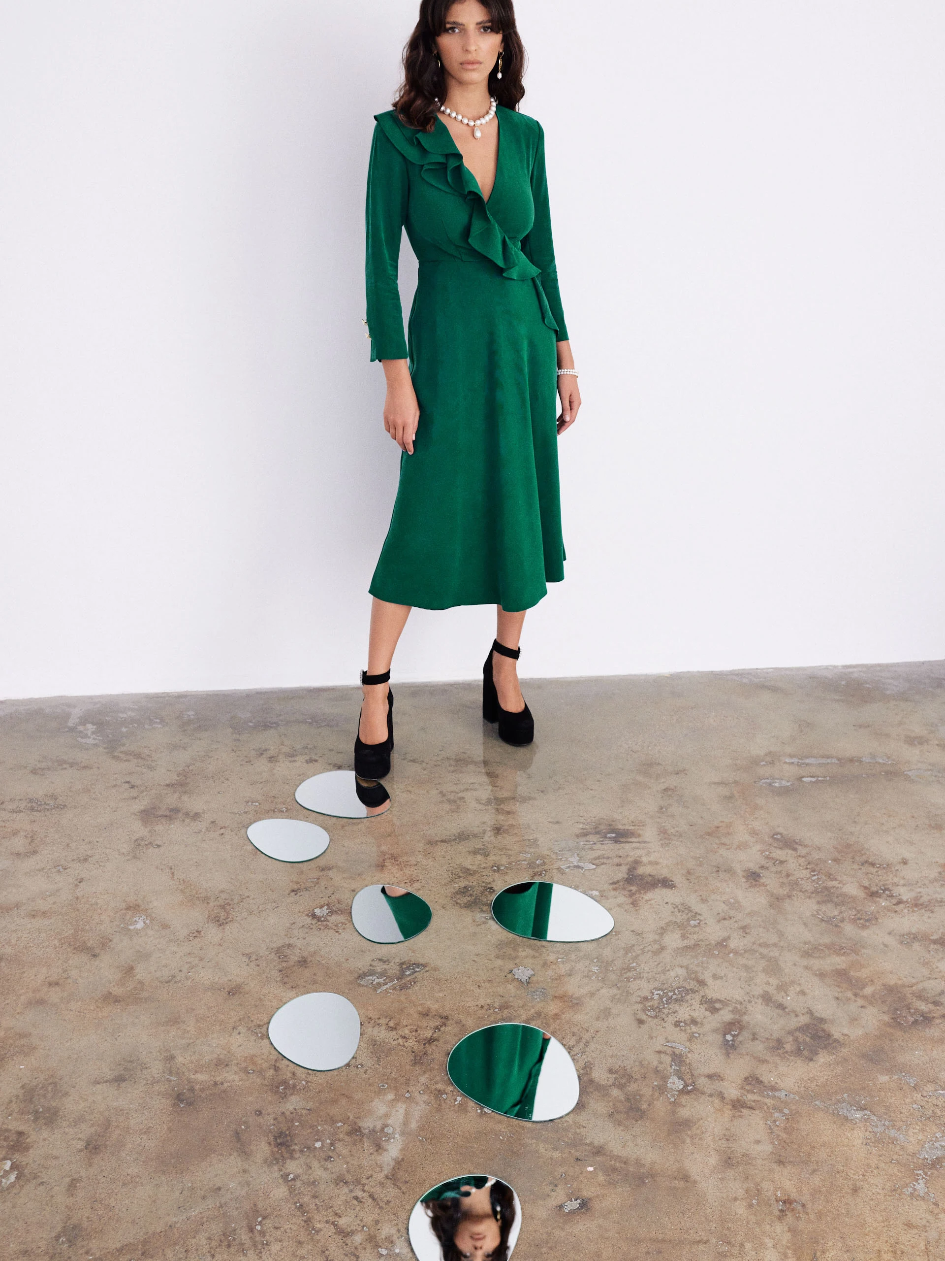 Dark green midi dress with ruffle