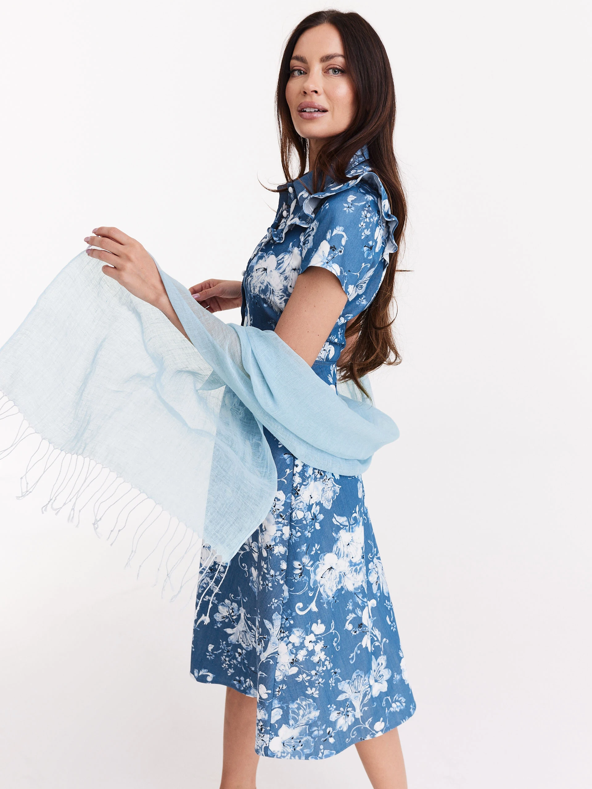 Linen shawl in light blue color