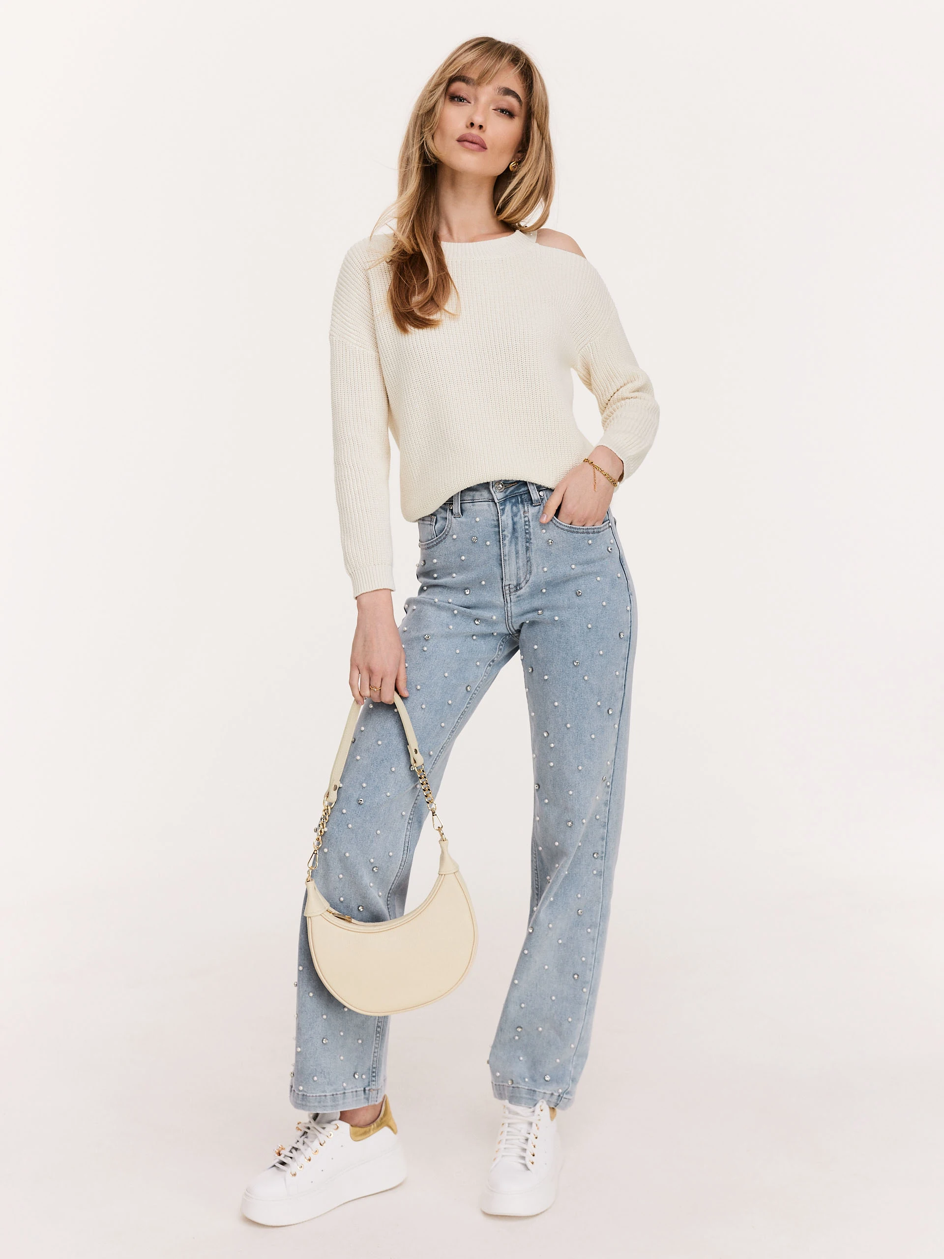 Cream natural leather hobo handbag