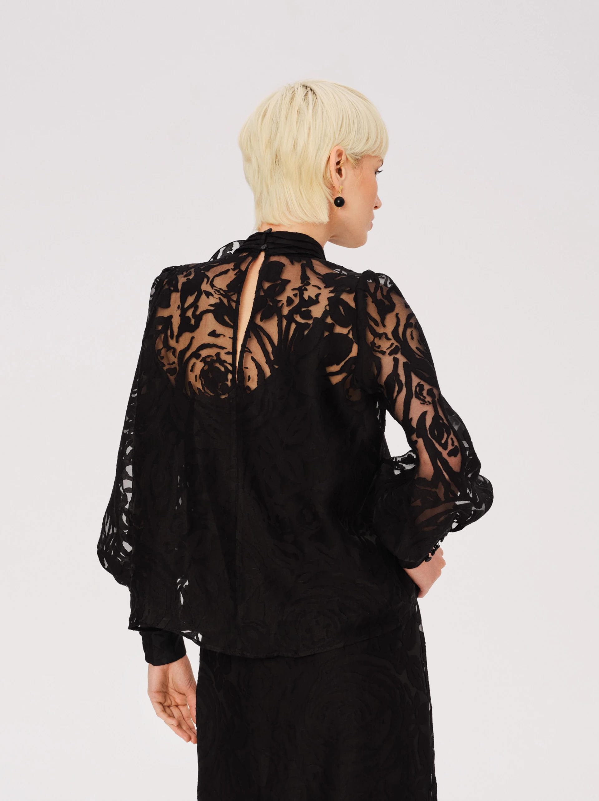 Black devore fabric blouse with rose