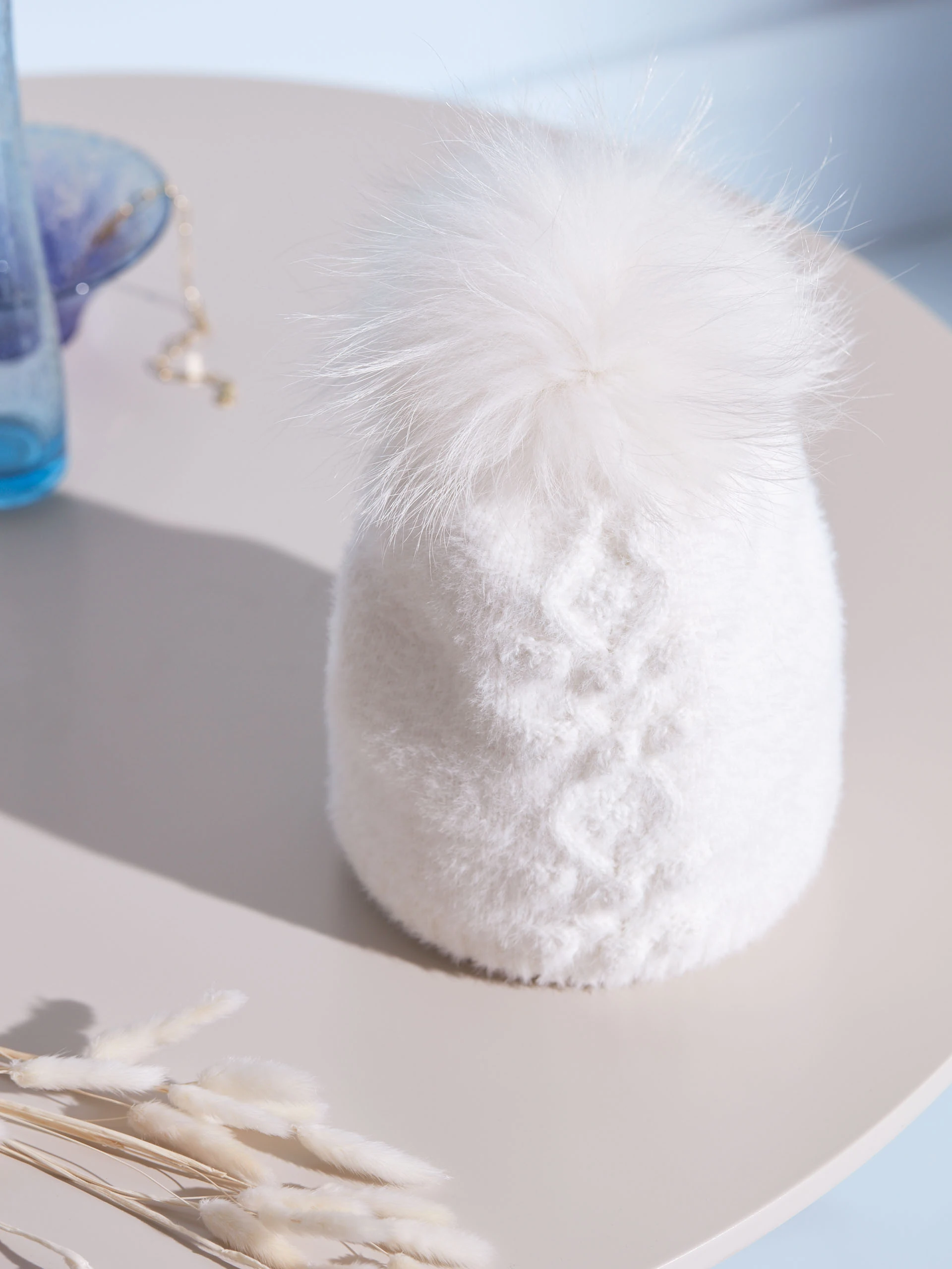 WHITE BEANIE WITH POMPON