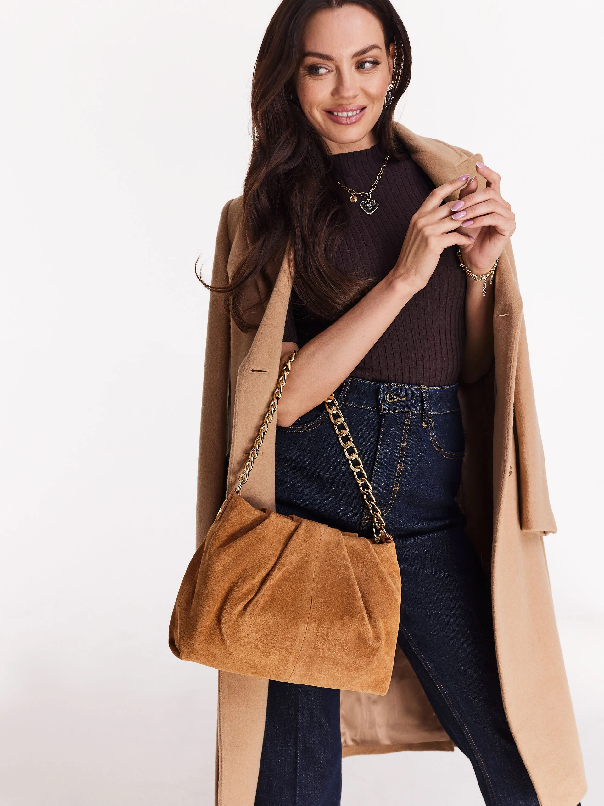 Brown suede crinkle leather handbag