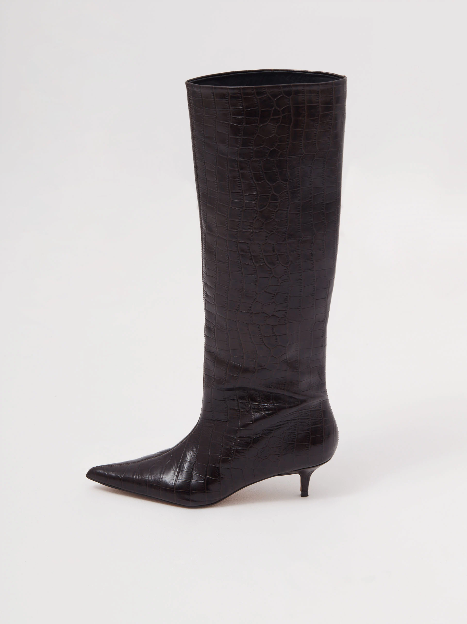 Chocolate boots with crocodile leather texture