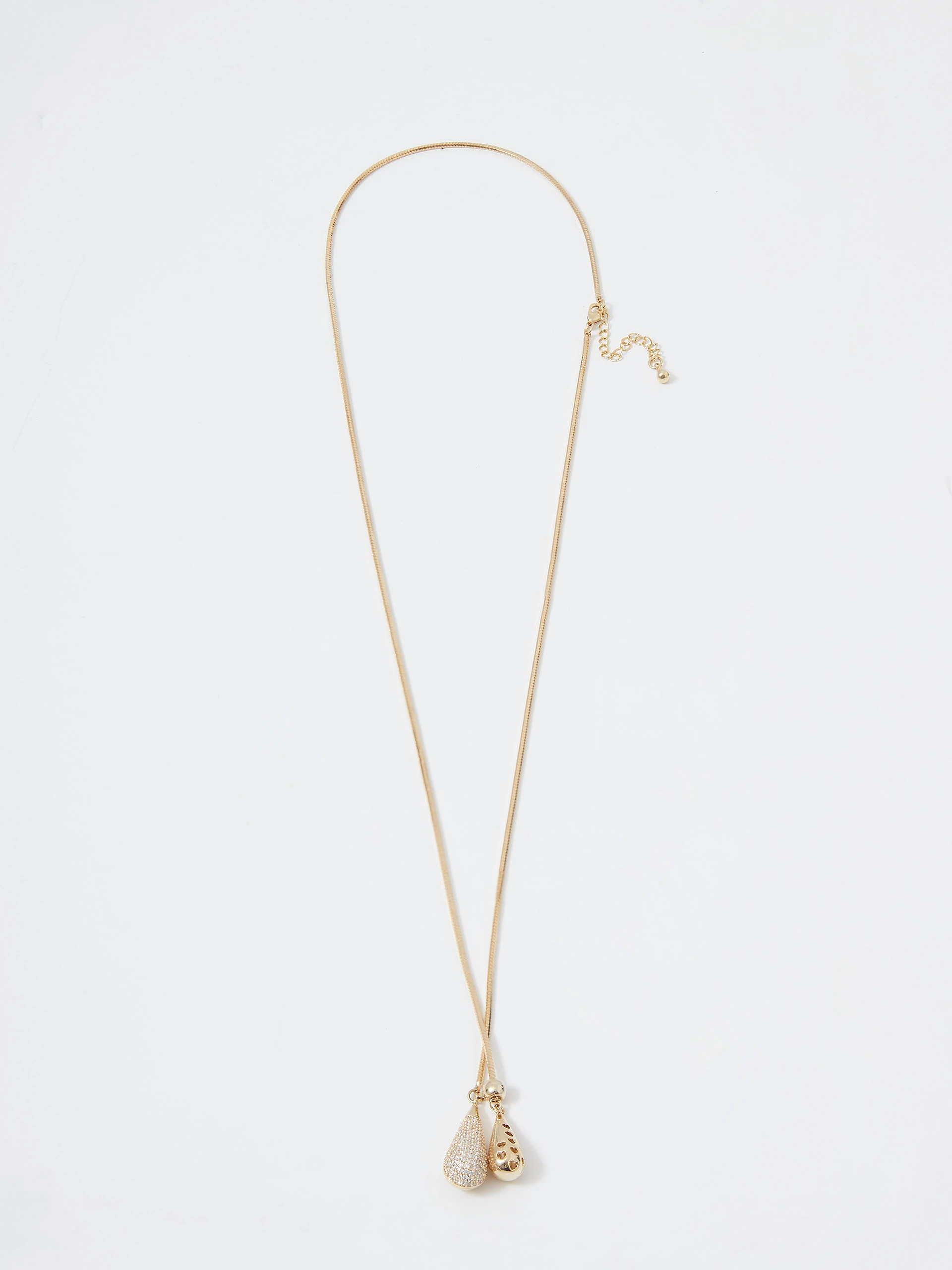 Tie necklace with drop pendants