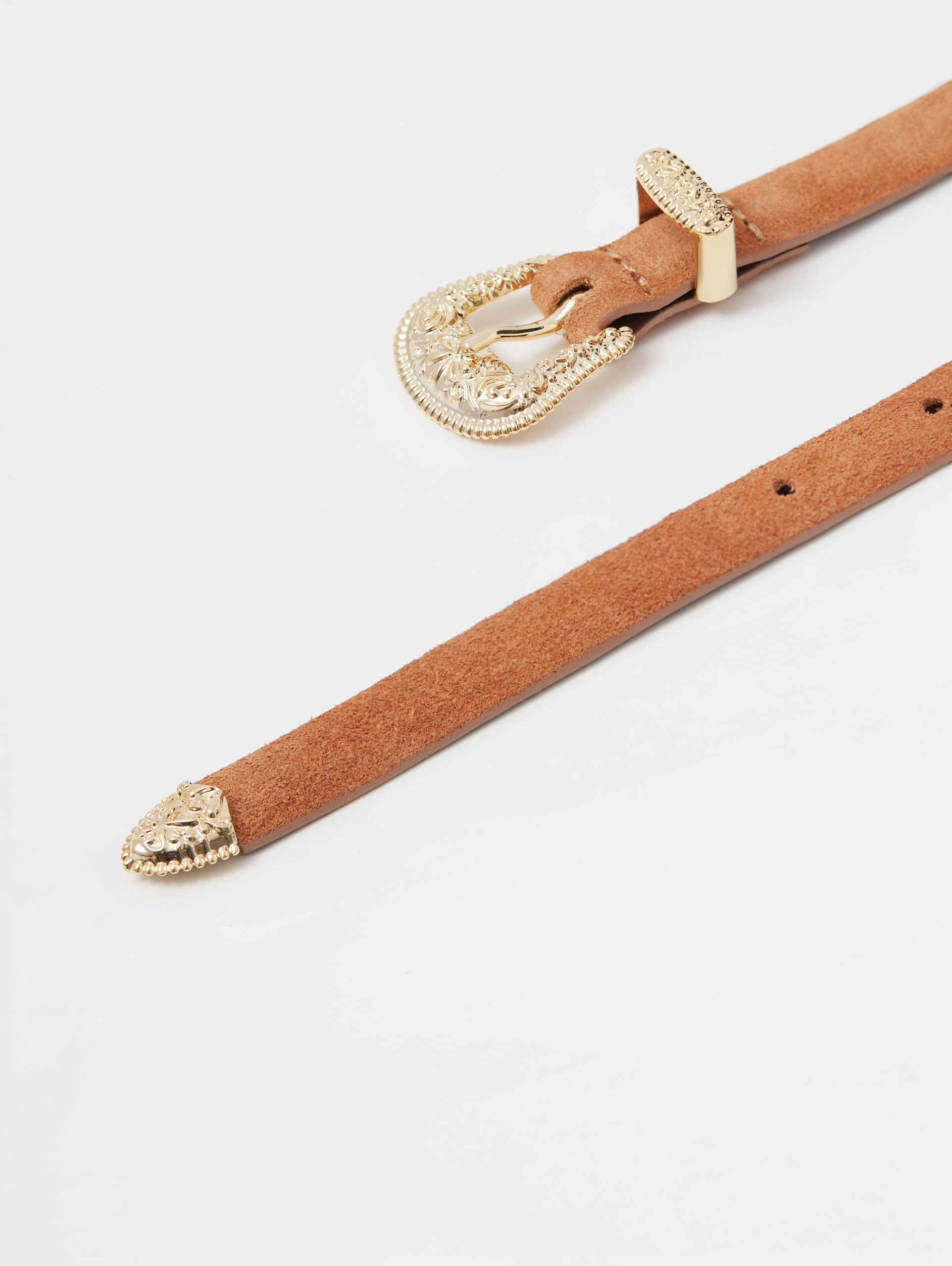 Brown suede leather belt with decorative buckle