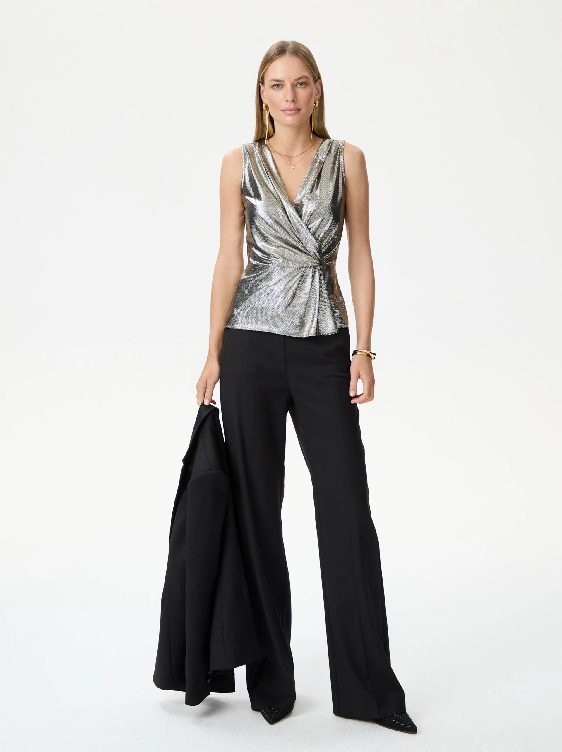 Gold blouse with a wrap neckline