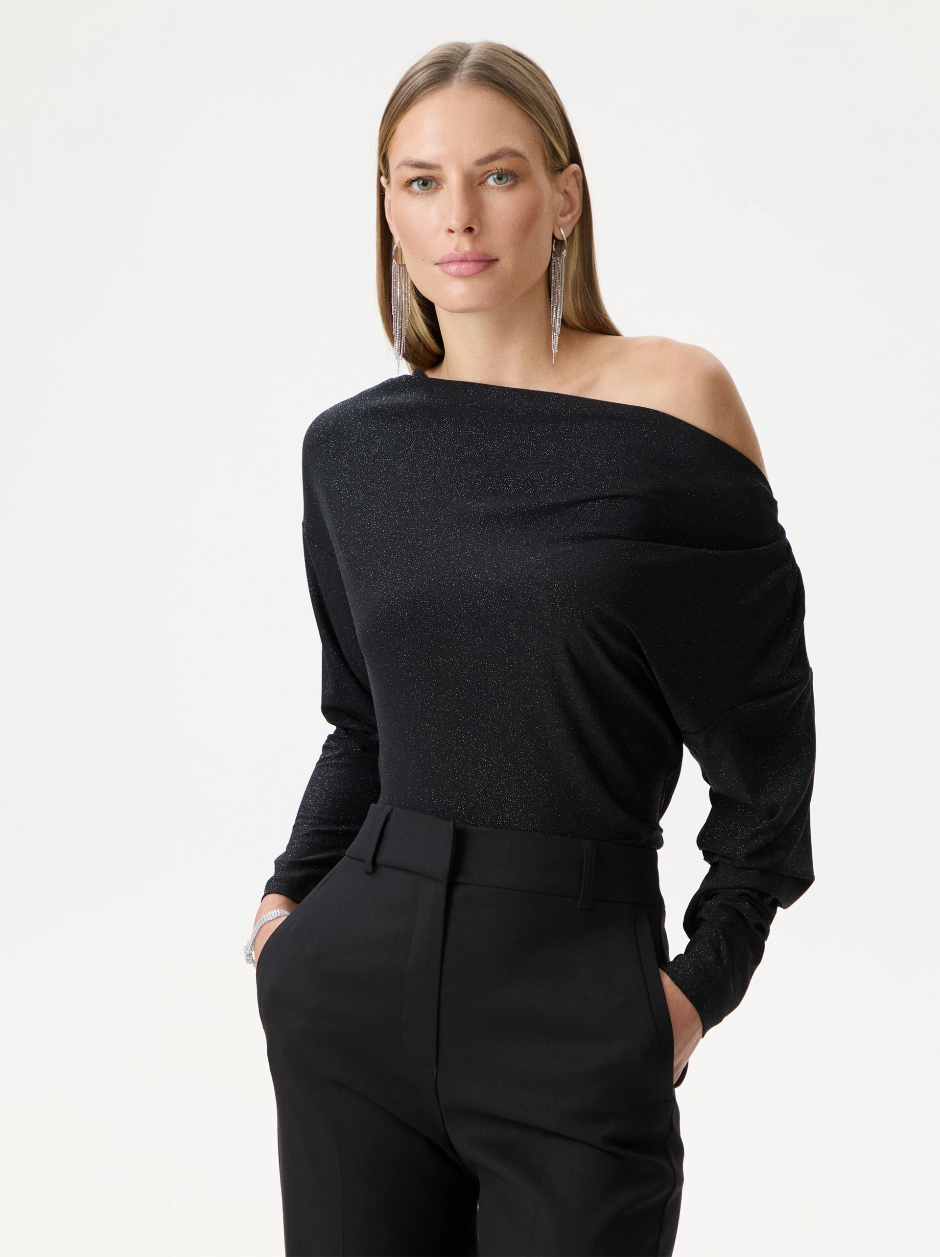 Black shiny blouse with a cowl neckline