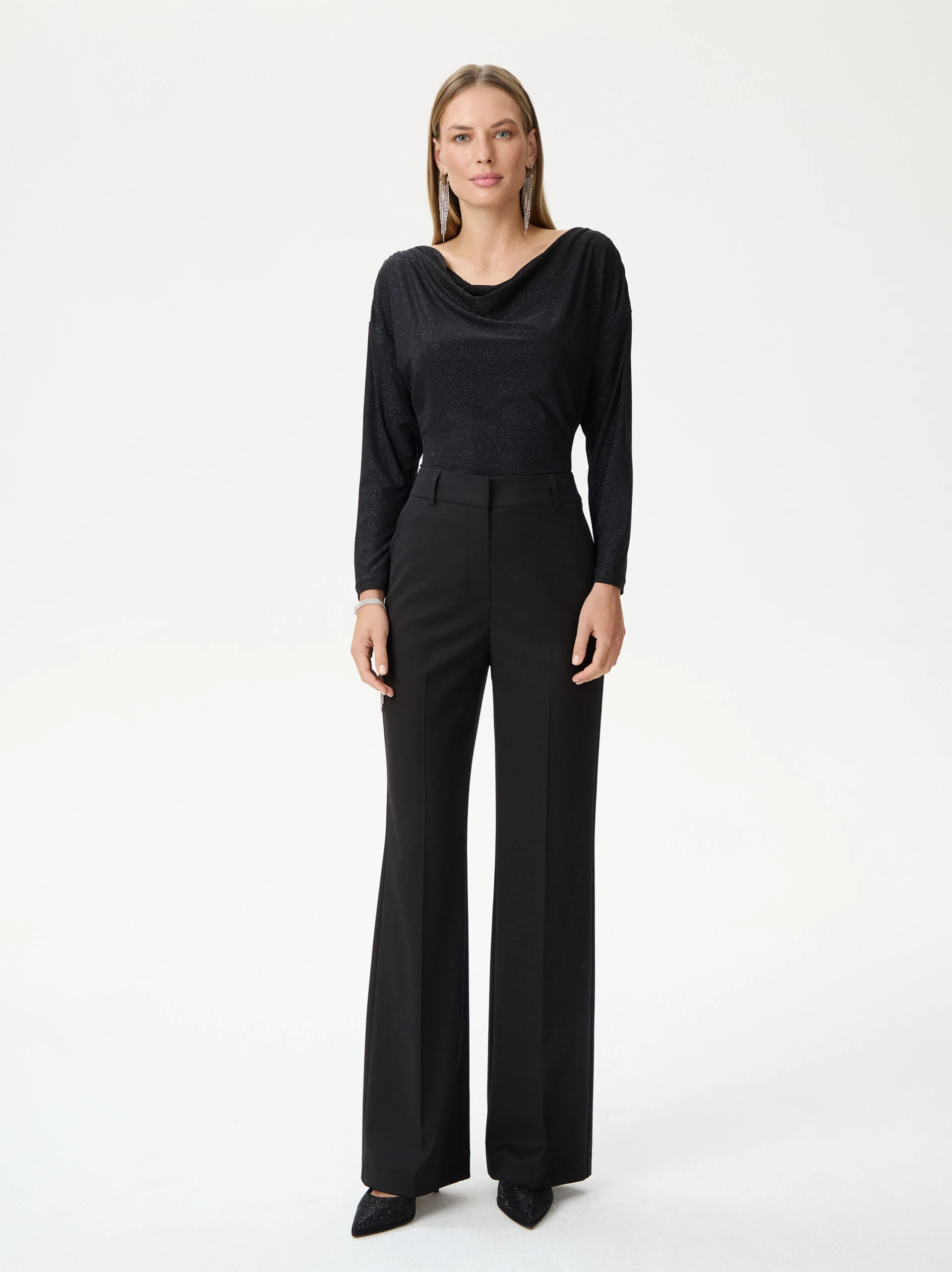 Black shiny blouse with a cowl neckline