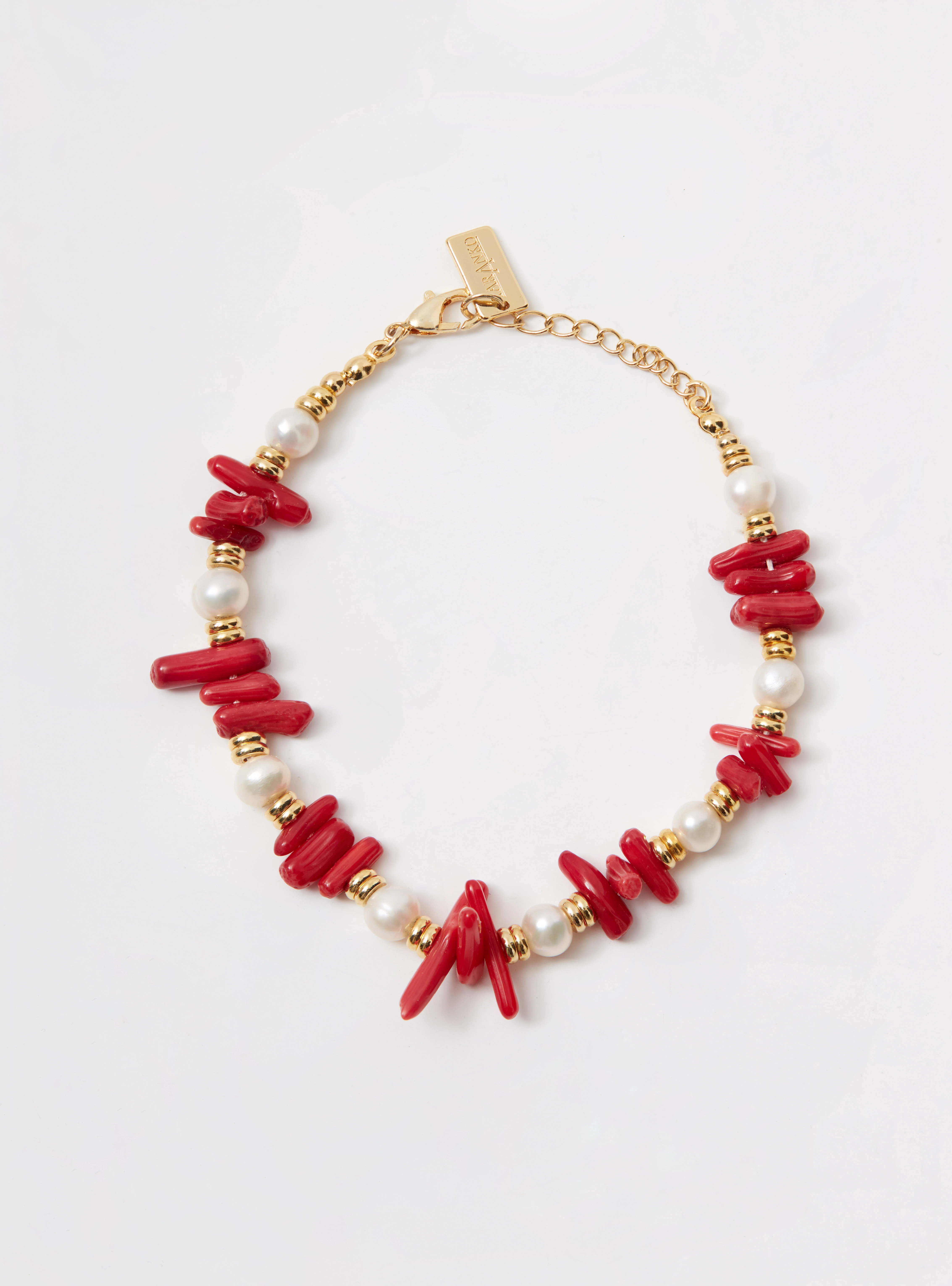 Gold-plated bracelet with pearls and red beads