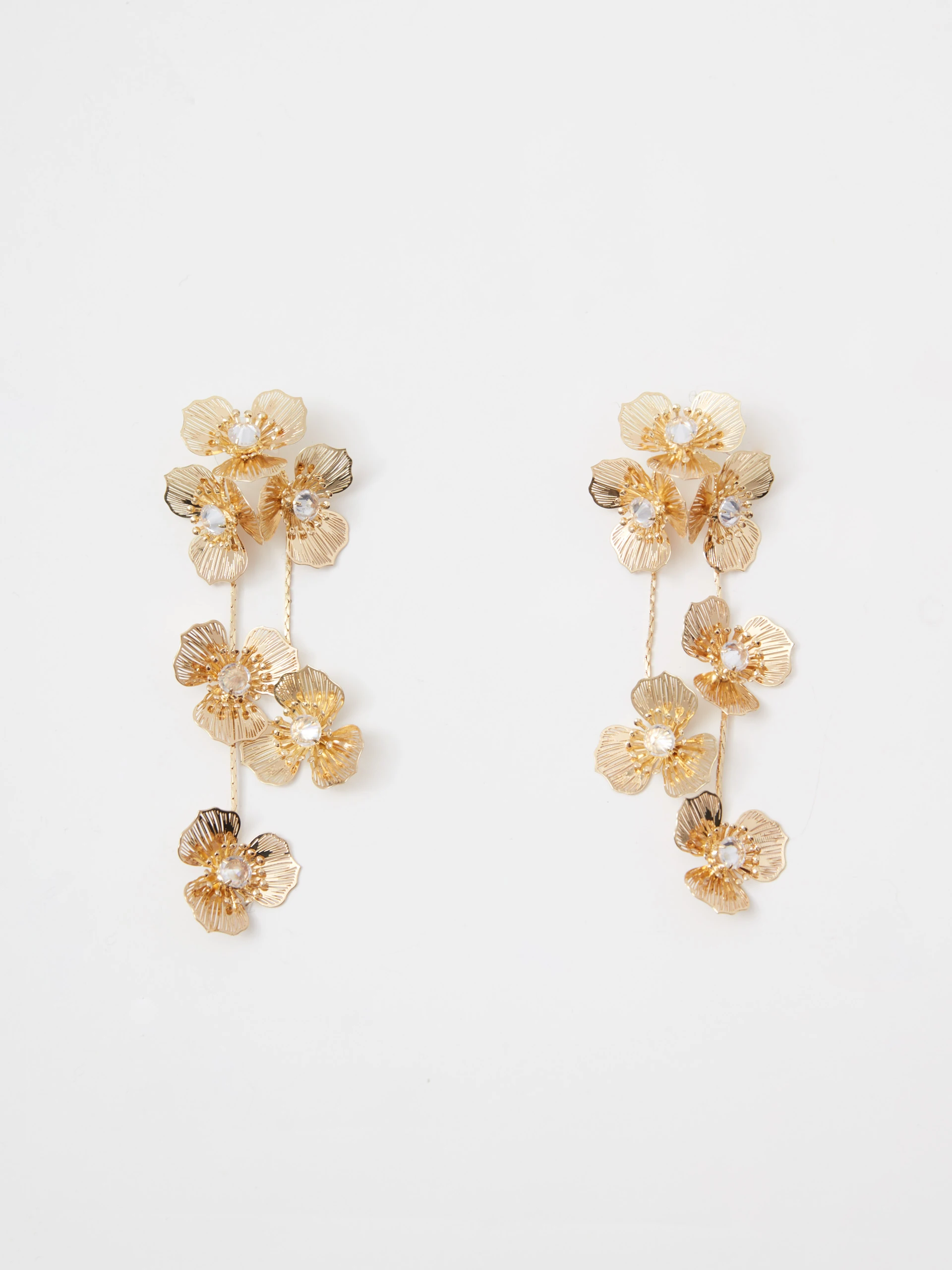 Long gold-plated earrings with decorative flowers