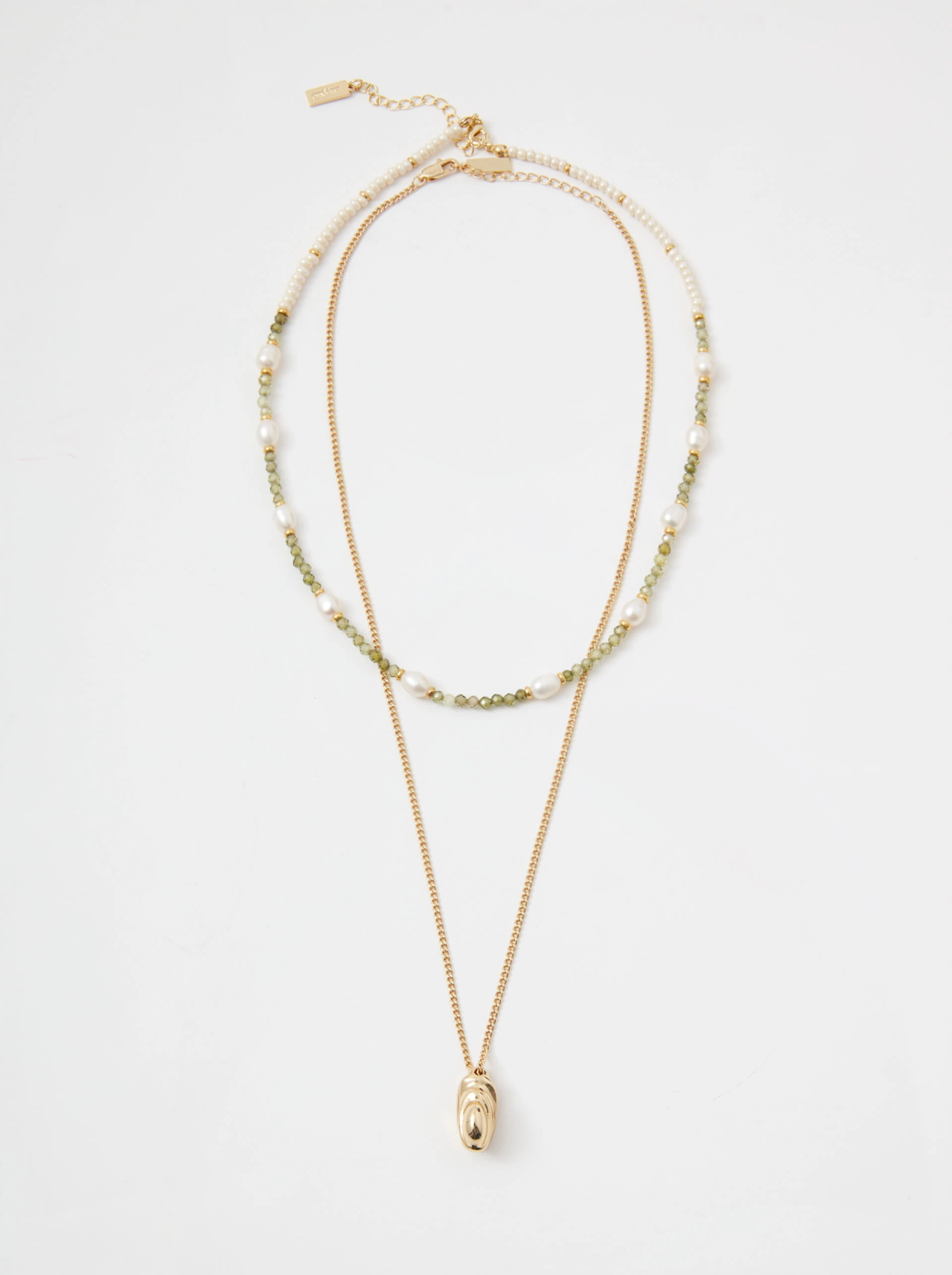 Double gold-plated necklace with pendant and green stones
