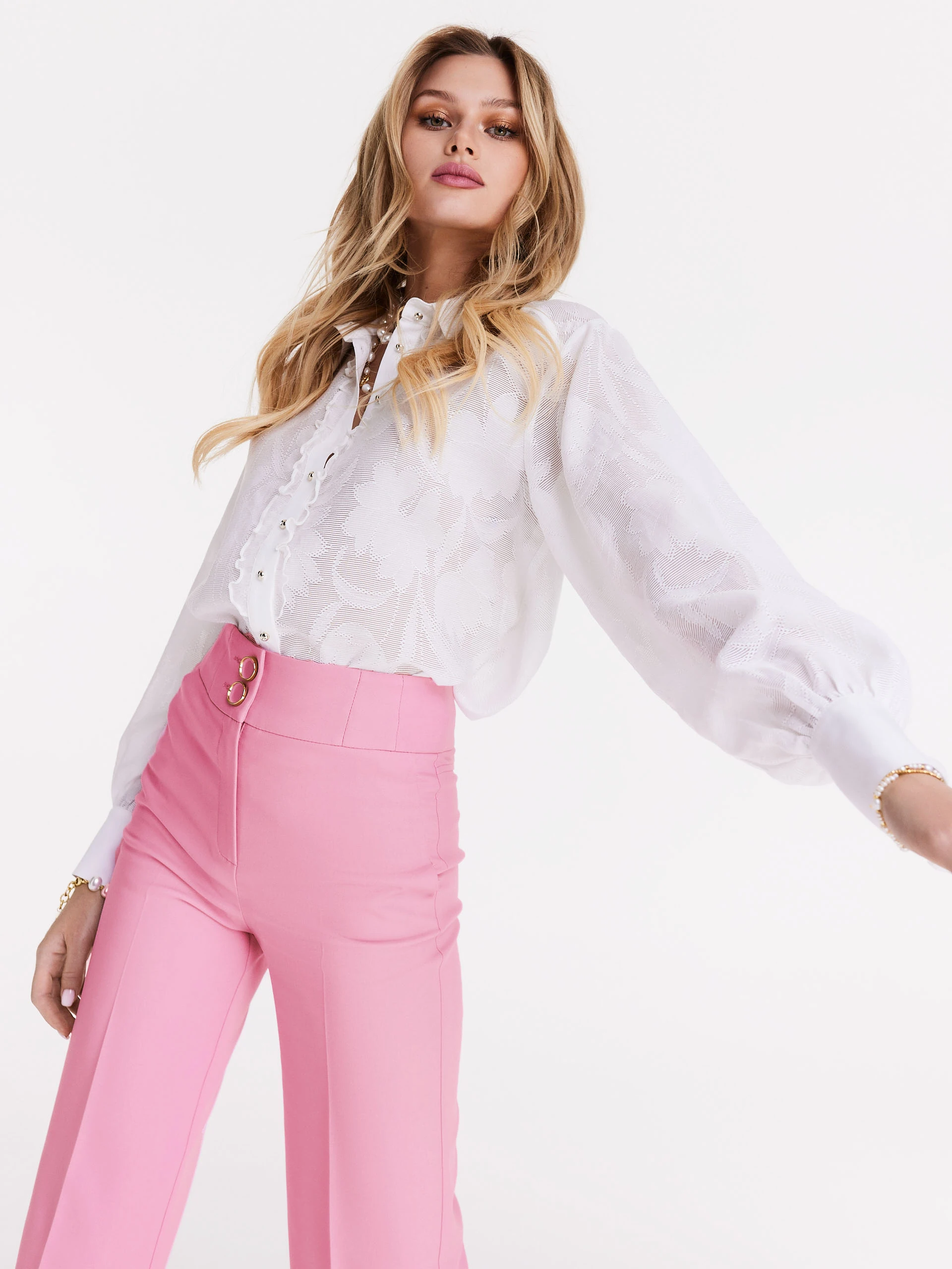 Pink high-waisted suit pants