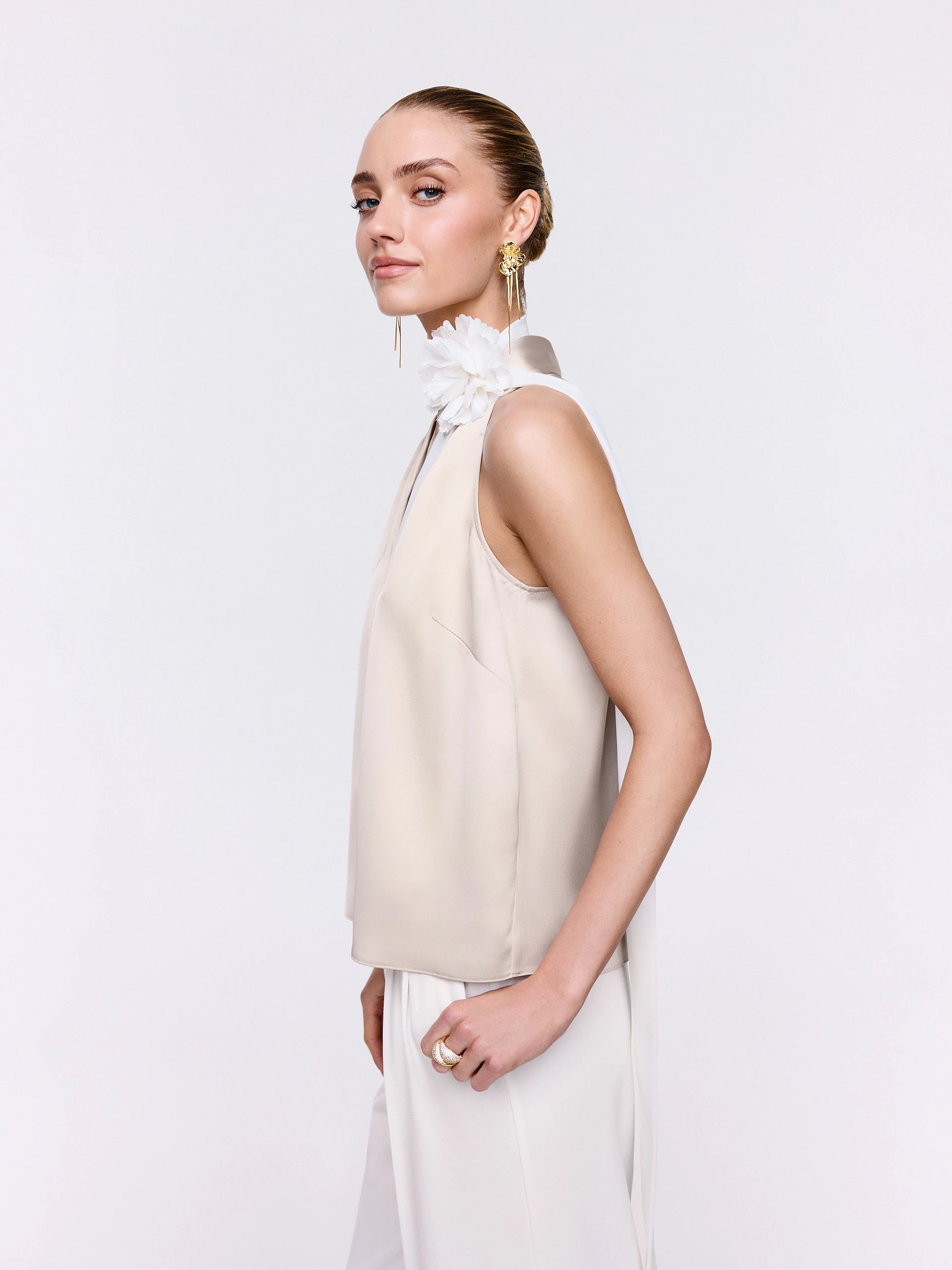 A satin blouse in a powder pink shade