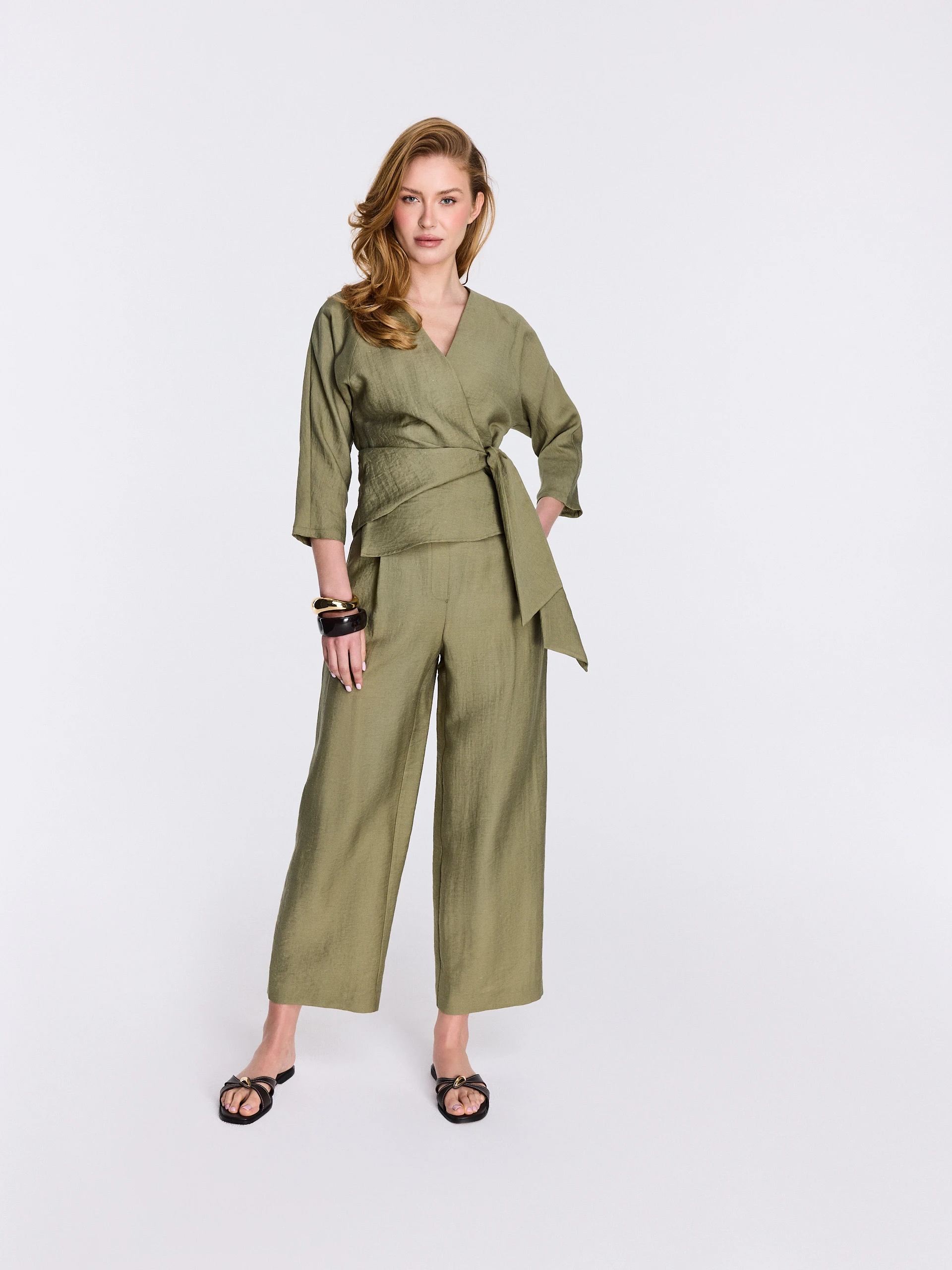 Olive-green viscose blouse with a wrap-around neckline