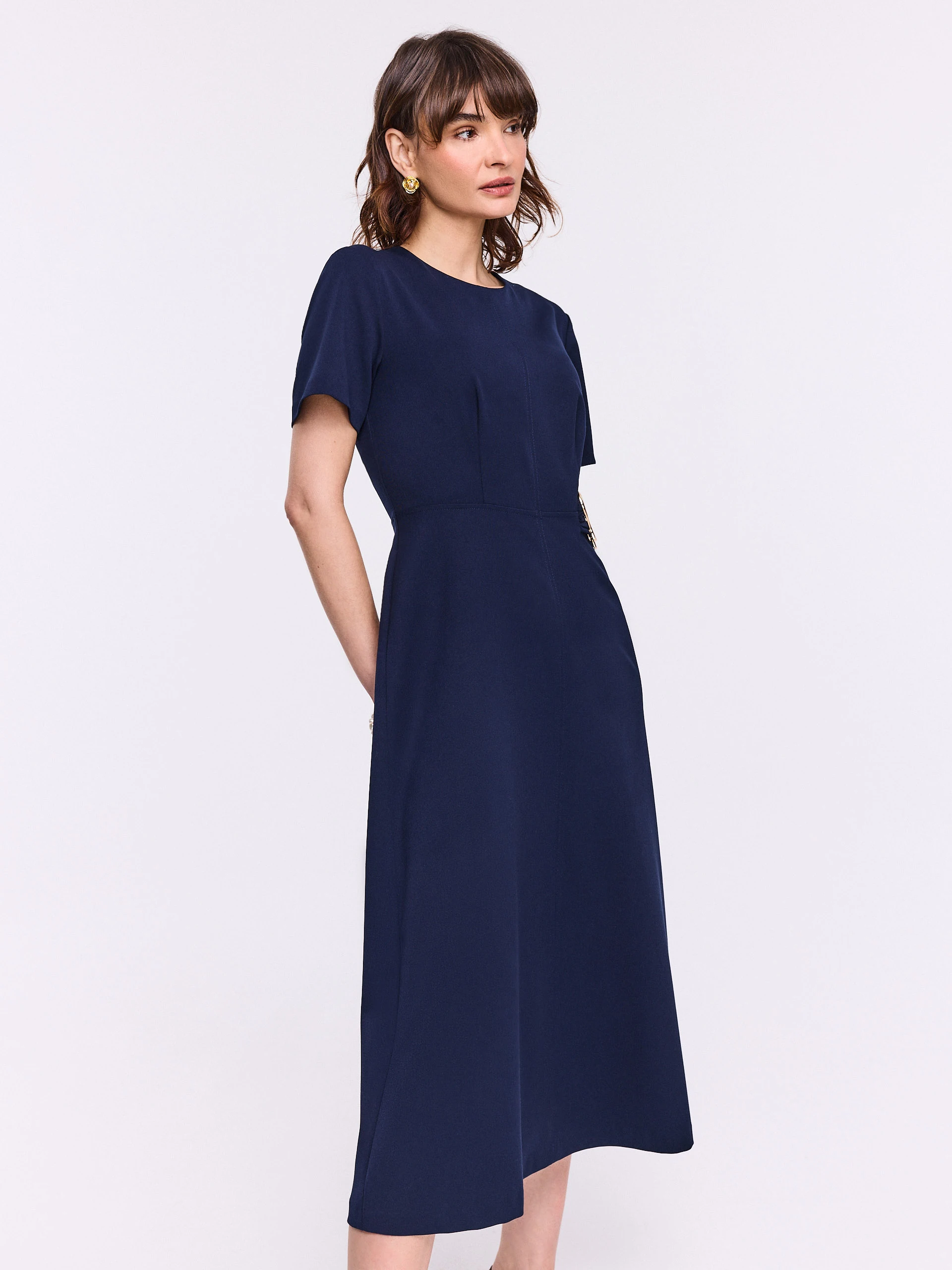 Navy blue flared dress with decorative buckle