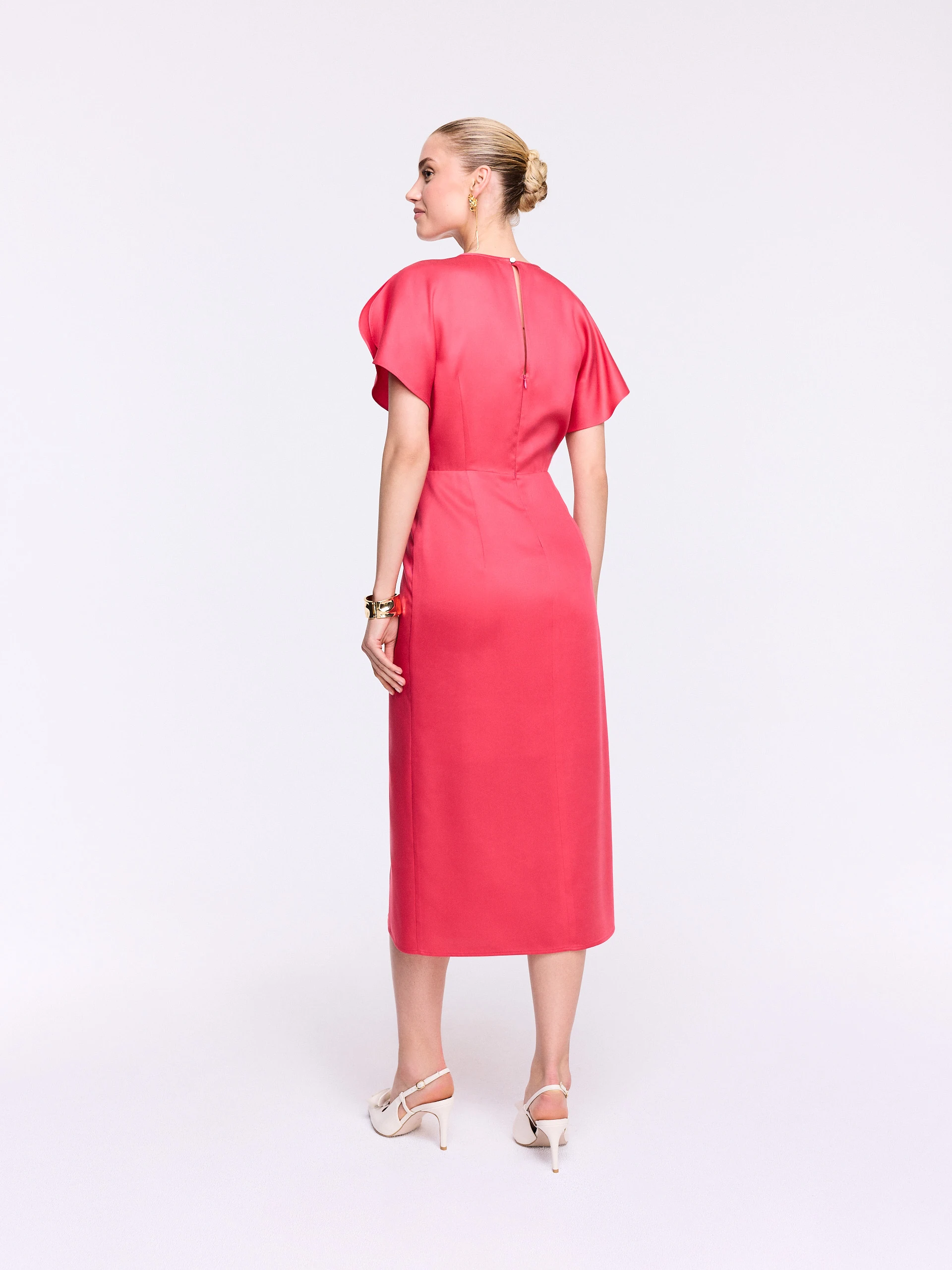 Coral Draped Midi Dress