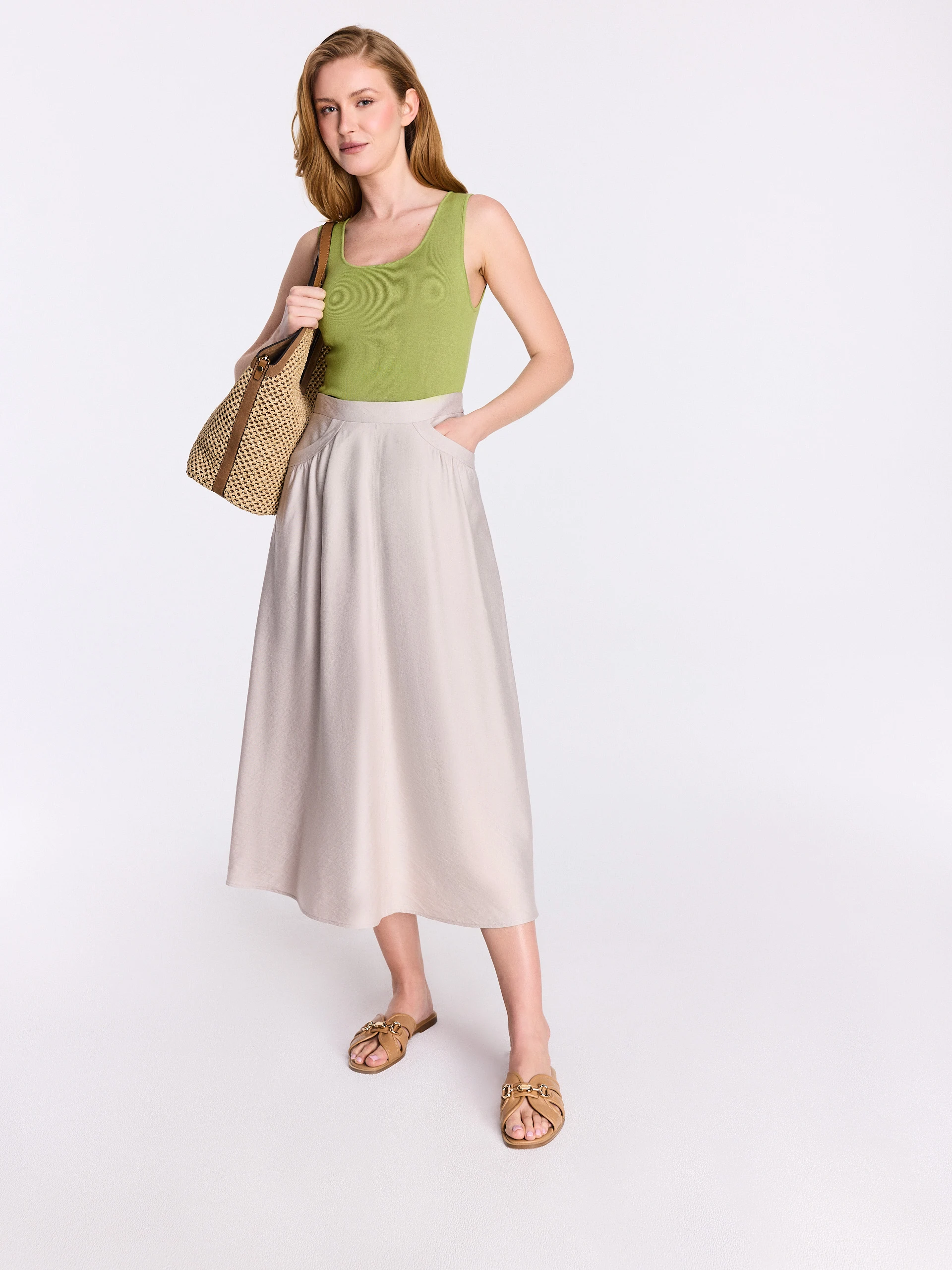 Beige high-waisted midi skirt