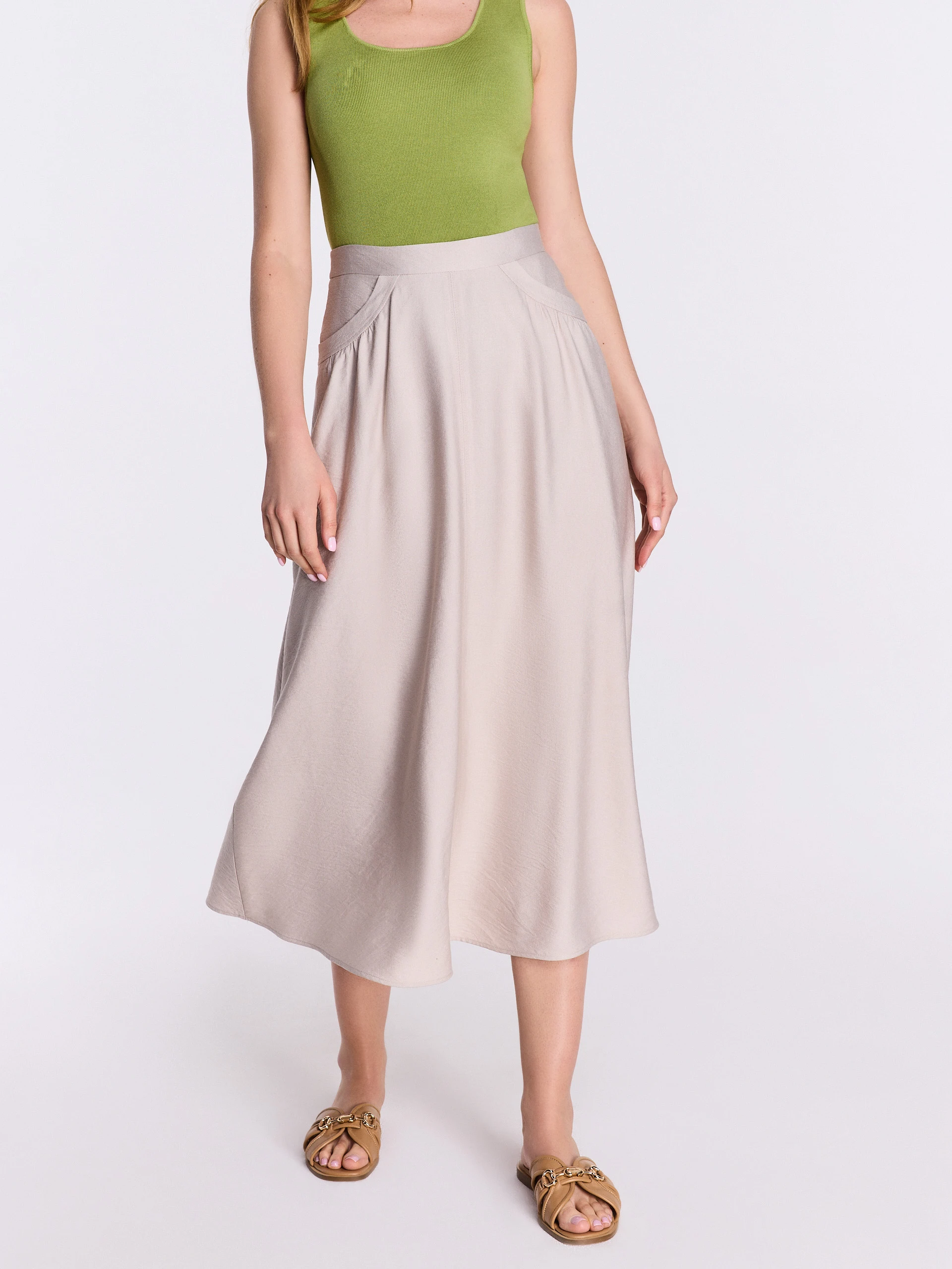 Beige high-waisted midi skirt