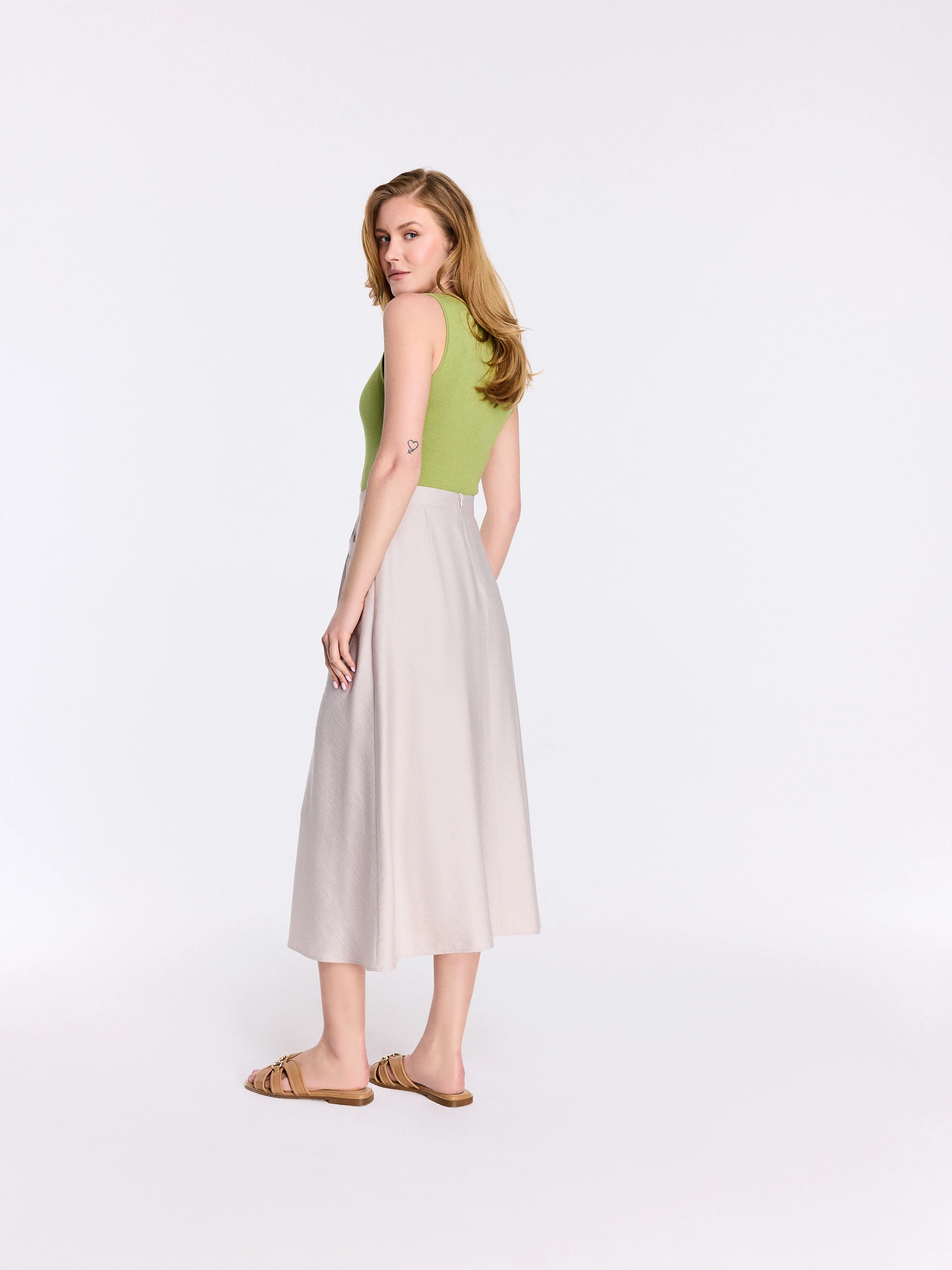 Beige high-waisted midi skirt