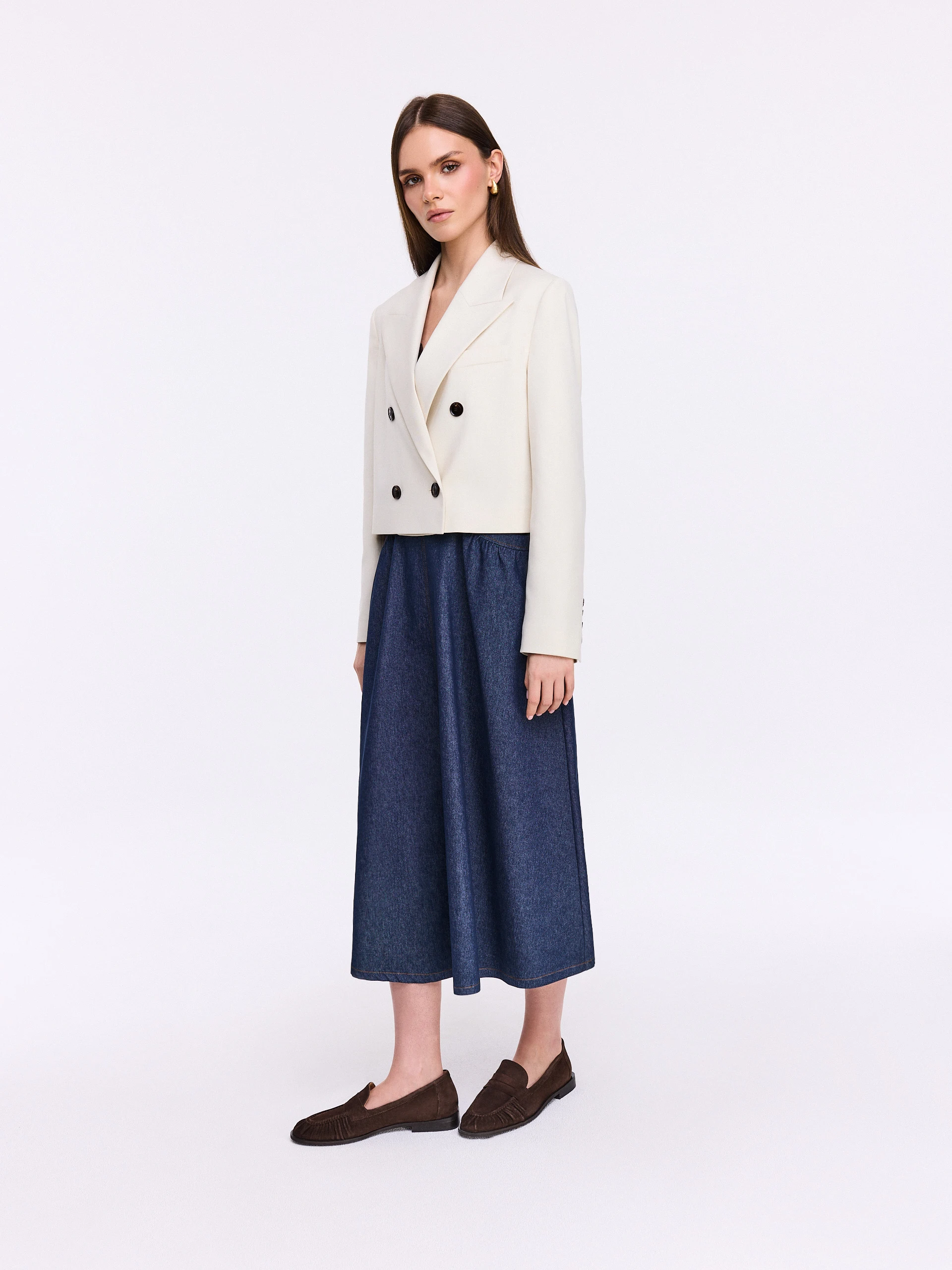 High-waisted denim midi skirt