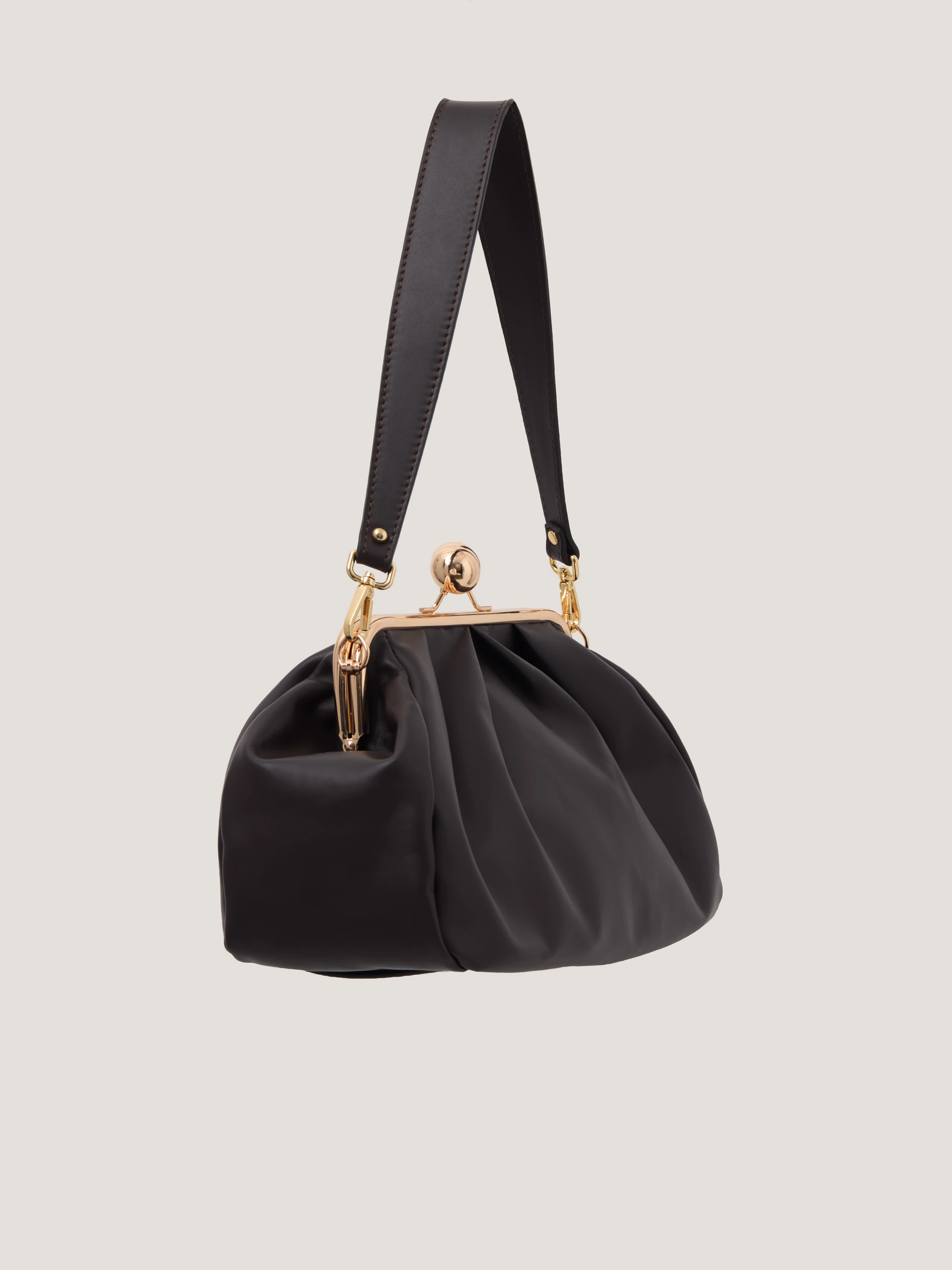 A dark chocolate-coloured leather handbag