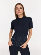 Navy blue sweater with floral appliqué