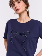 Navy blue cotton blouse with short sleeves and bow