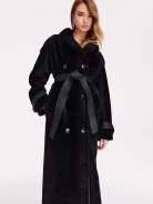 Black genuine leather sheepskin coat with double-breasted closure