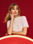 White sweater with short sleeves and half turtleneck