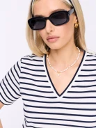 White blouse with navy blue stripes and a V-neck