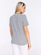 White blouse with navy blue stripes and a V-neck