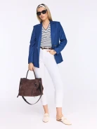 White blouse with navy blue stripes and a V-neck