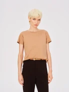 Caramel short-sleeved blouse with linen and silk accents