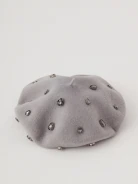 Szary wełniany beret z połyskującymi kryształkami