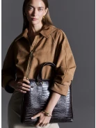 Chocolate brown leather laptop bag with animal print