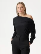 Black shiny blouse with a cowl neckline