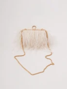 A small cream-colored handbag embroidered with feathers