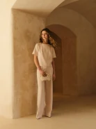 Beige boxy blouse with pearl collar