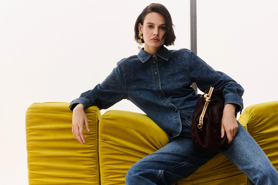 Navy blue denim shirt with decorative embroidery