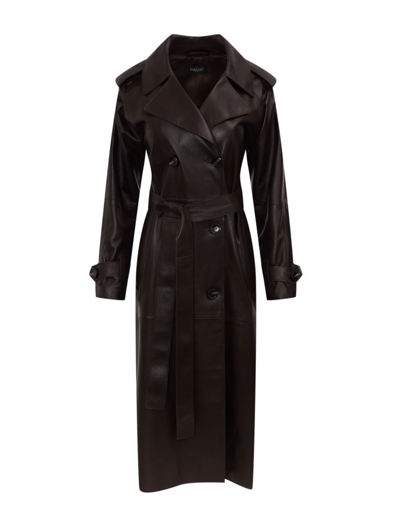 Long leather coat in brown color